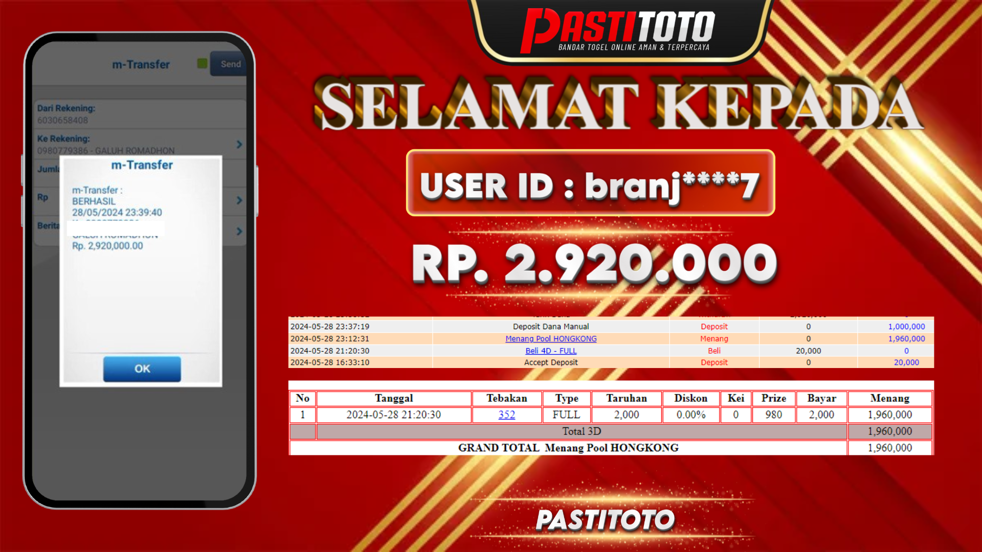 PASTITOTO JACKPOT TOGEL HONGKONG RP. 2.920.000,- LUNAS