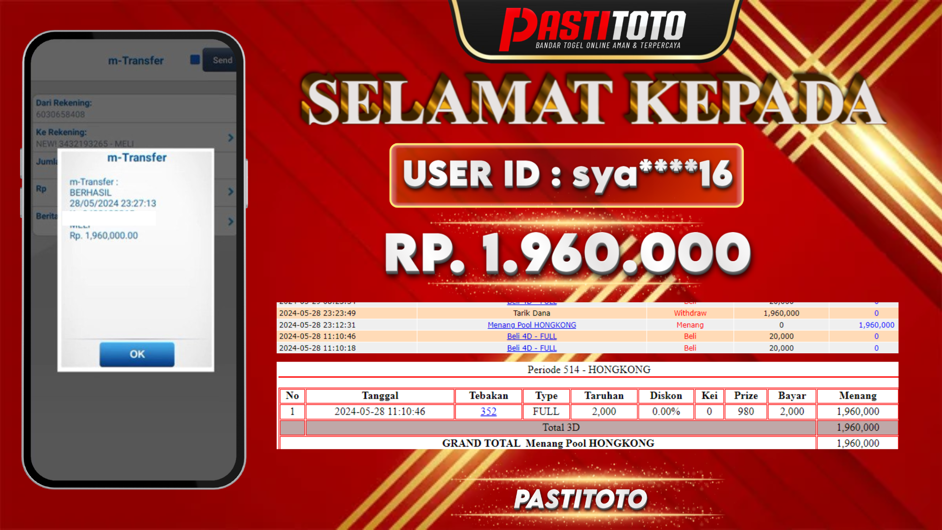 PASTITOTO JACKPOT TOGEL HONGKONG RP. 1.960.000,- LUNAS