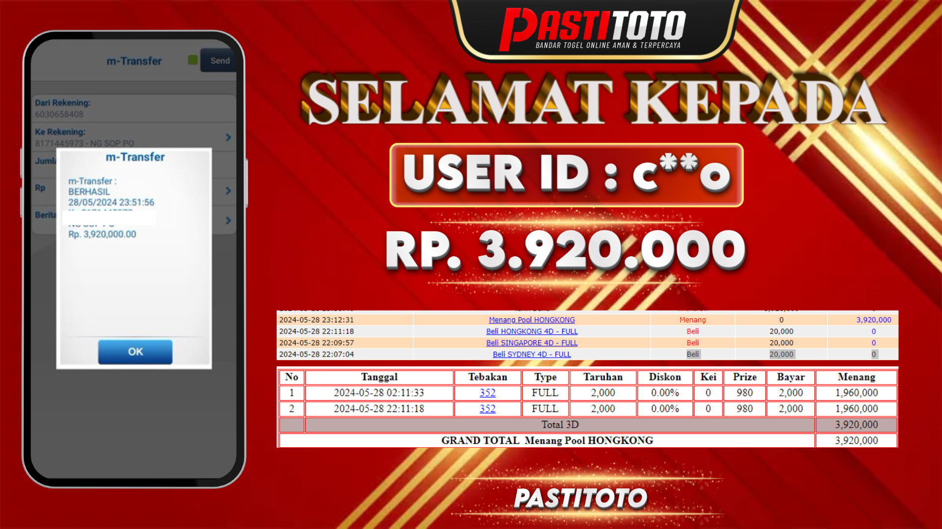PASTITOTO JACKPOT TOGEL HONGKONG RP. 3.920.000,- LUNAS