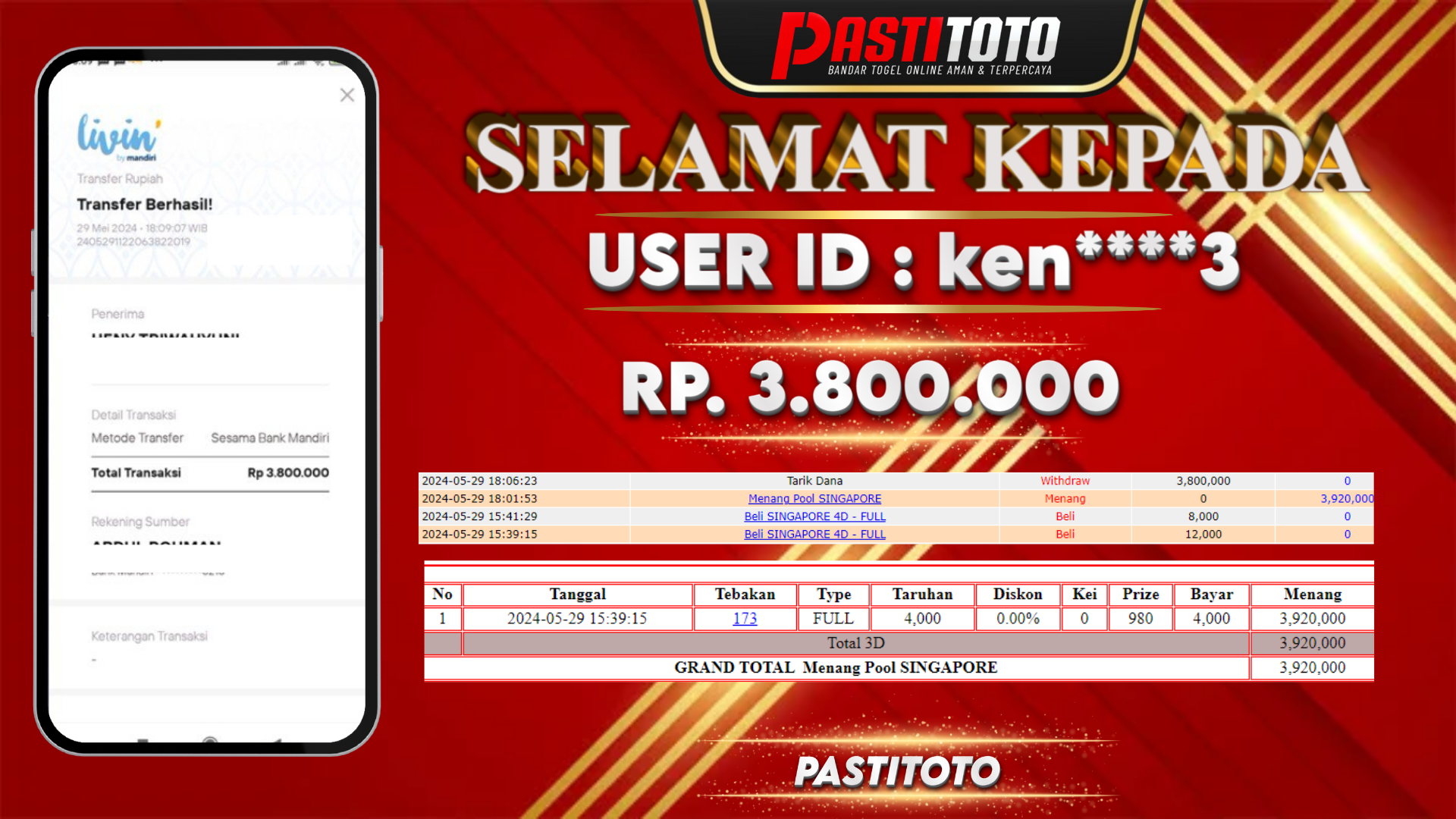 PASTITOTO JACKPOT TOGEL SINGAPORE RP. 2.460.000,- LUNAS