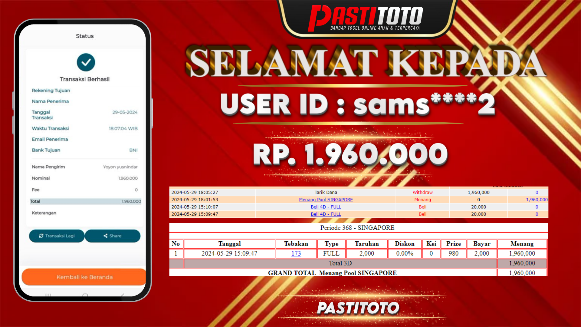PASTITOTO JACKPOT TOGEL SINGAPORE RP. 1.960.000,- LUNAS