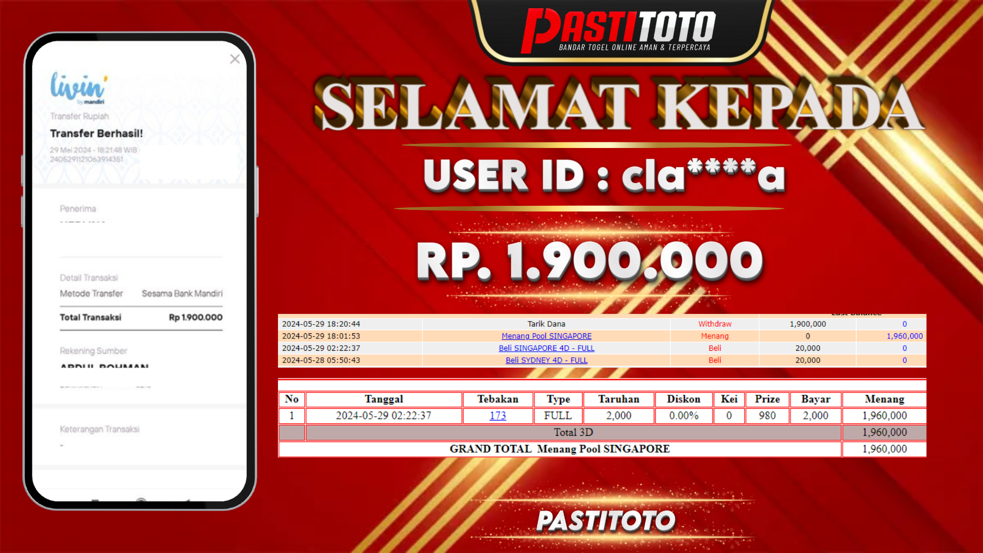 PASTITOTO JACKPOT TOGEL SINGAPORE RP. 1.900.000,- LUNAS