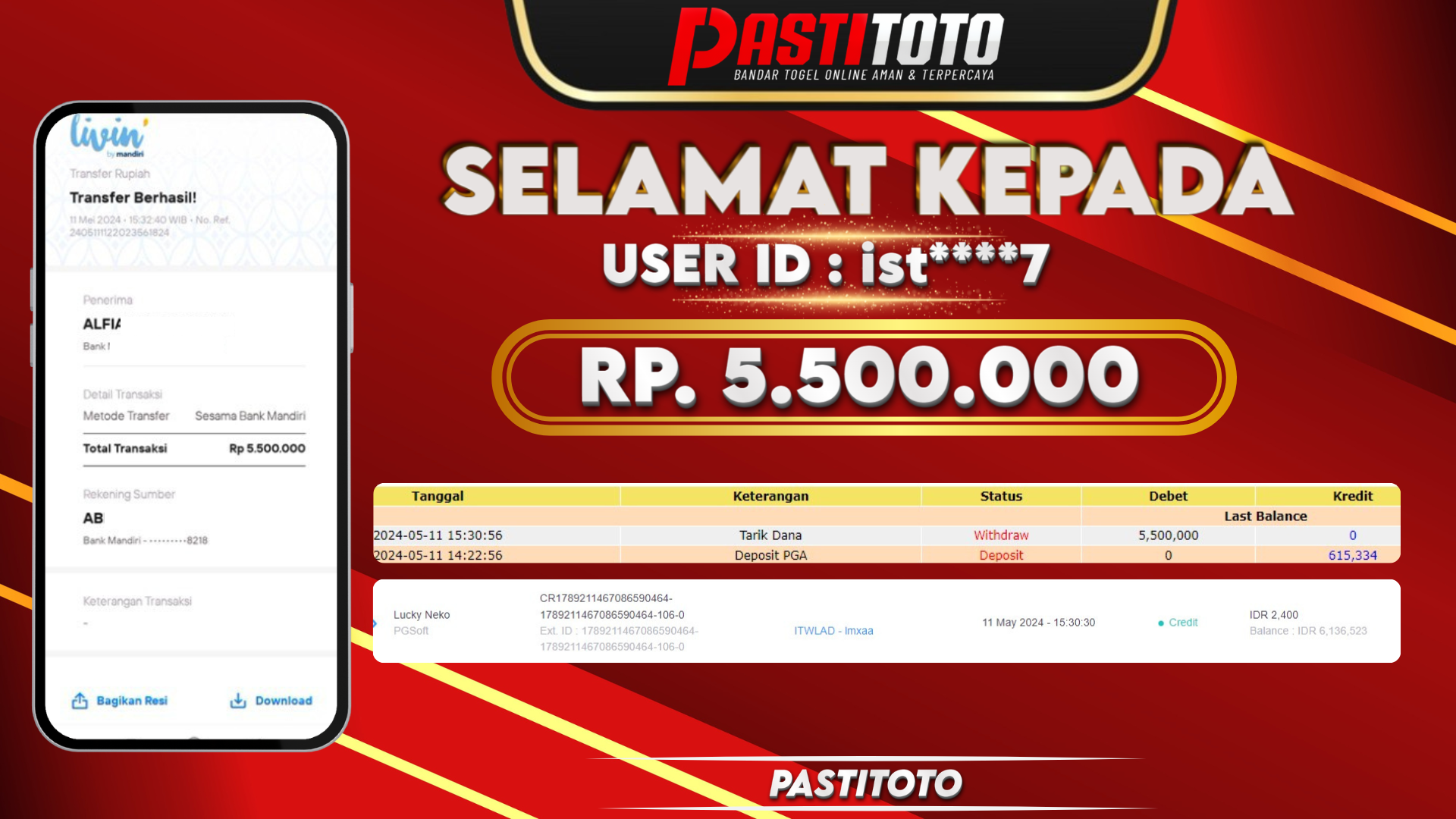 PASTITOTO JACKPOT SLOT GAME RP. 5.500.000,- LUNAS