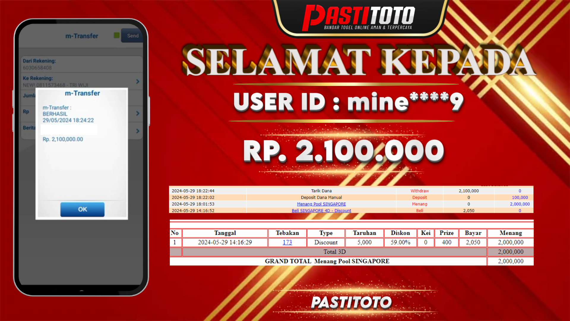 PASTITOTO JACKPOT TOGEL SINGAPORE RP. 2.100.000,- LUNAS