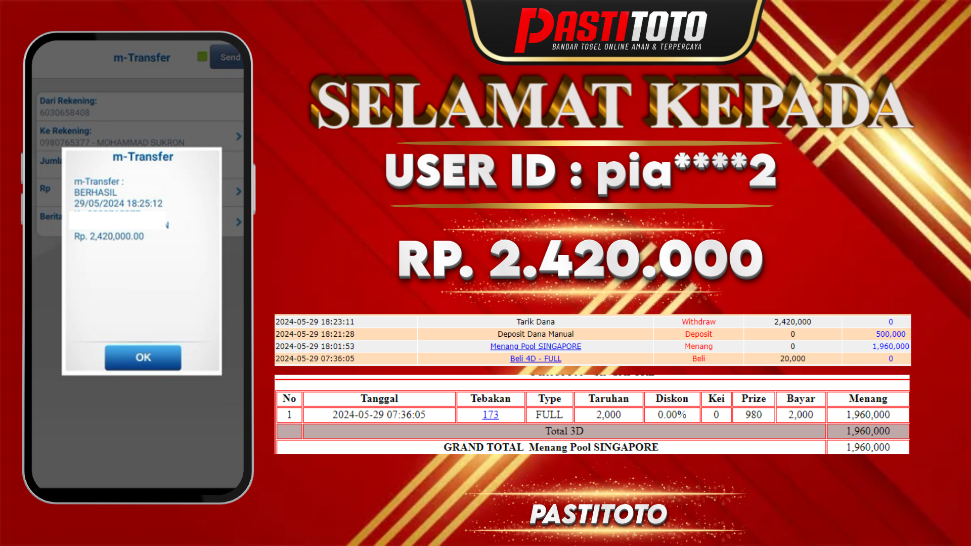 PASTITOTO JACKPOT TOGEL SINGAPORE RP. 2.420.000,- LUNAS