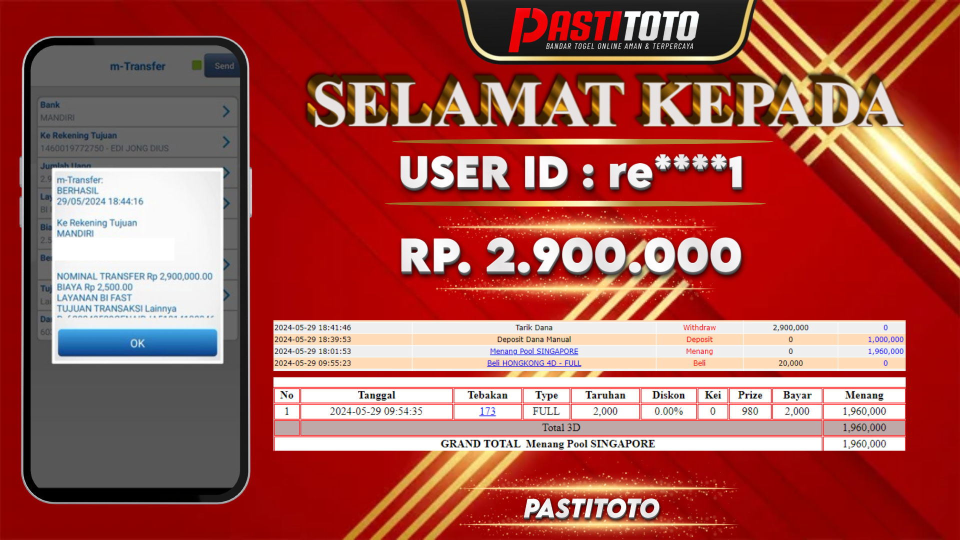PASTITOTO JACKPOT TOGEL SINGAPORE RP. 2.900.000,- LUNAS