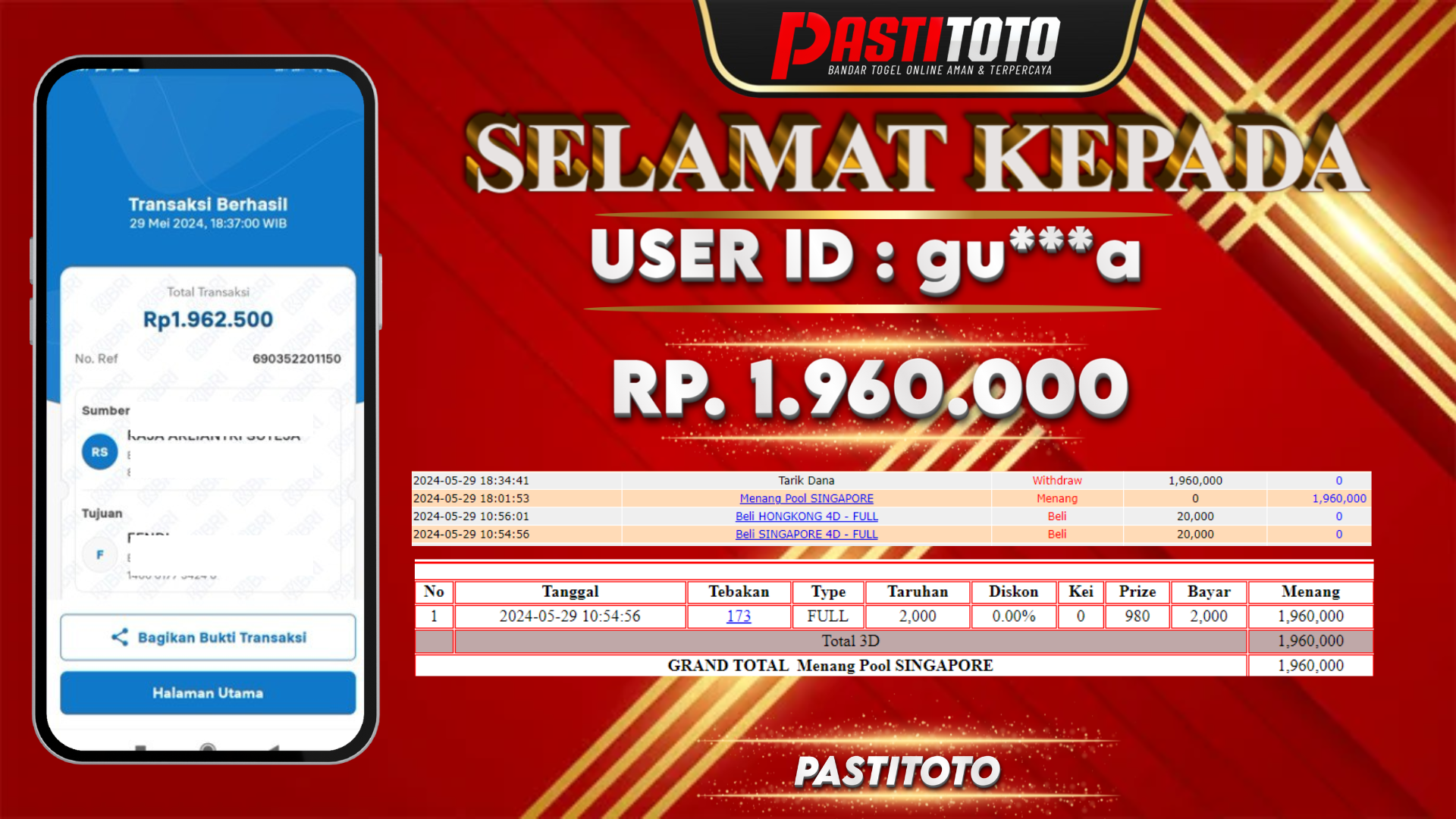 PASTITOTO JACKPOT TOGEL SINGAPORE RP. 1.960.000,- LUNAS