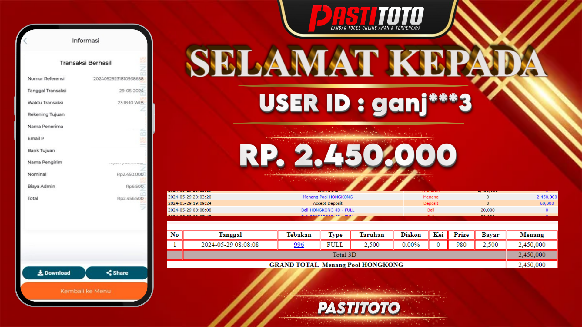 PASTITOTO JACKPOT TOGEL HONGKONG RP. 2.450.000,- LUNAS