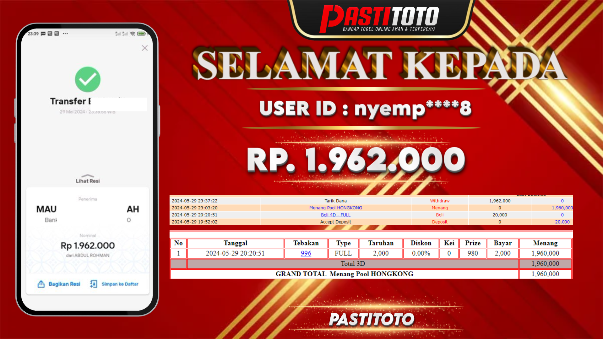 PASTITOTO JACKPOT TOGEL HONGKONG RP. 1.962.000,- LUNAS