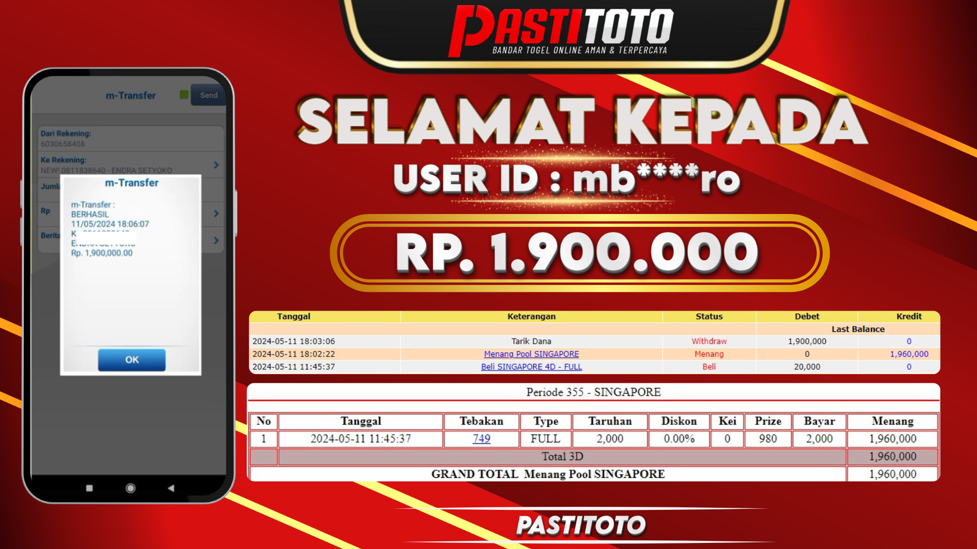 PASTITOTO JACKPOT TOGEL SINGAPORE RP. 1.900.000,- LUNAS