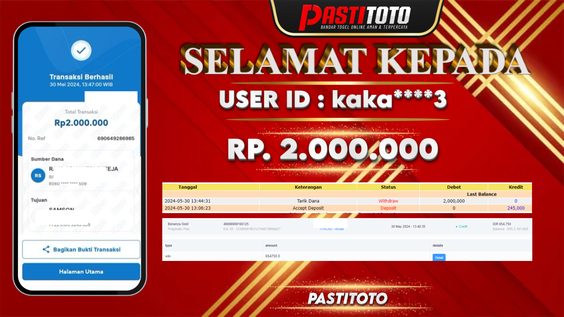 PASTITOTO JACKPOT SLOT GAME RP. 2.000.000,- LUNAS