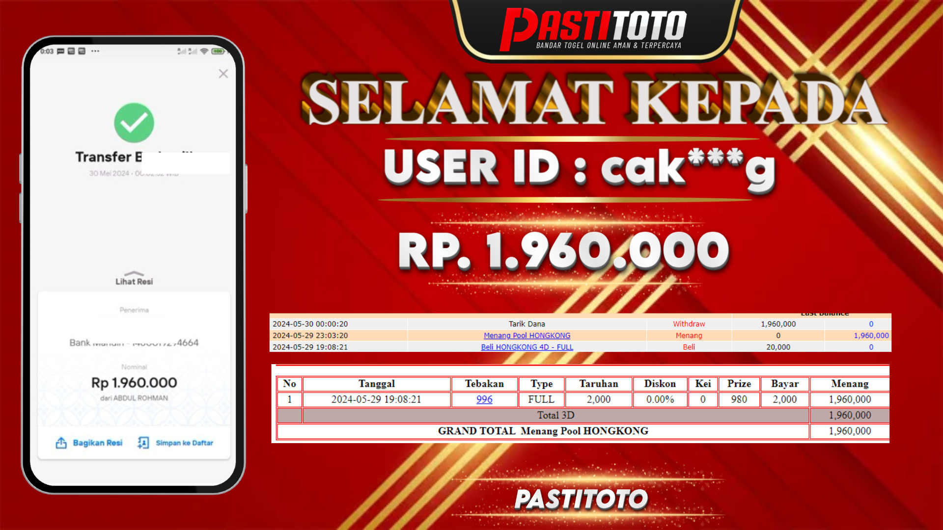PASTITOTO JACKPOT TOGEL HONGKONG RP. 1.960.000,- LUNAS