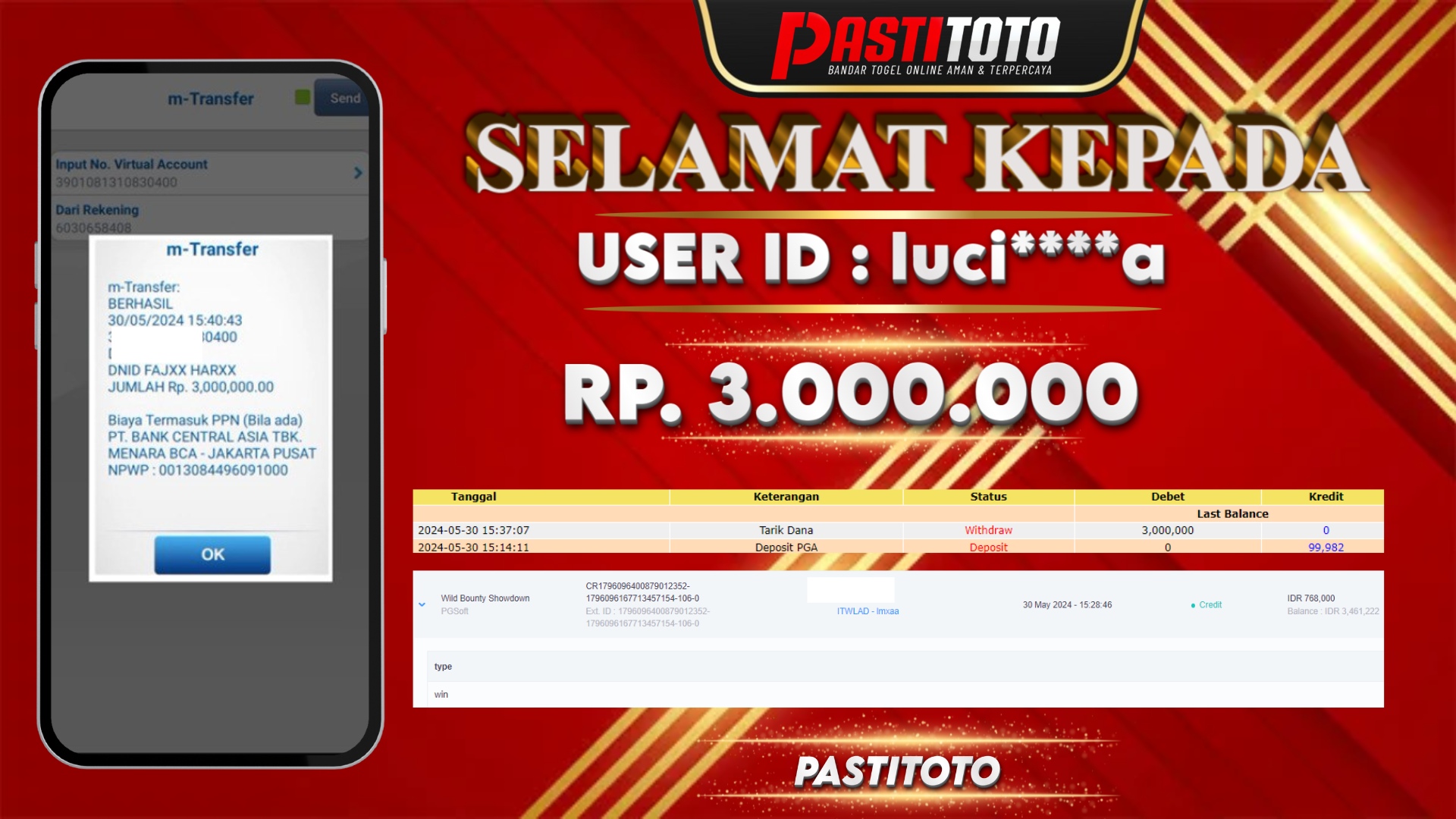 PASTITOTO JACKPOT SLOT GAME RP. 3.000.000,- LUNAS
