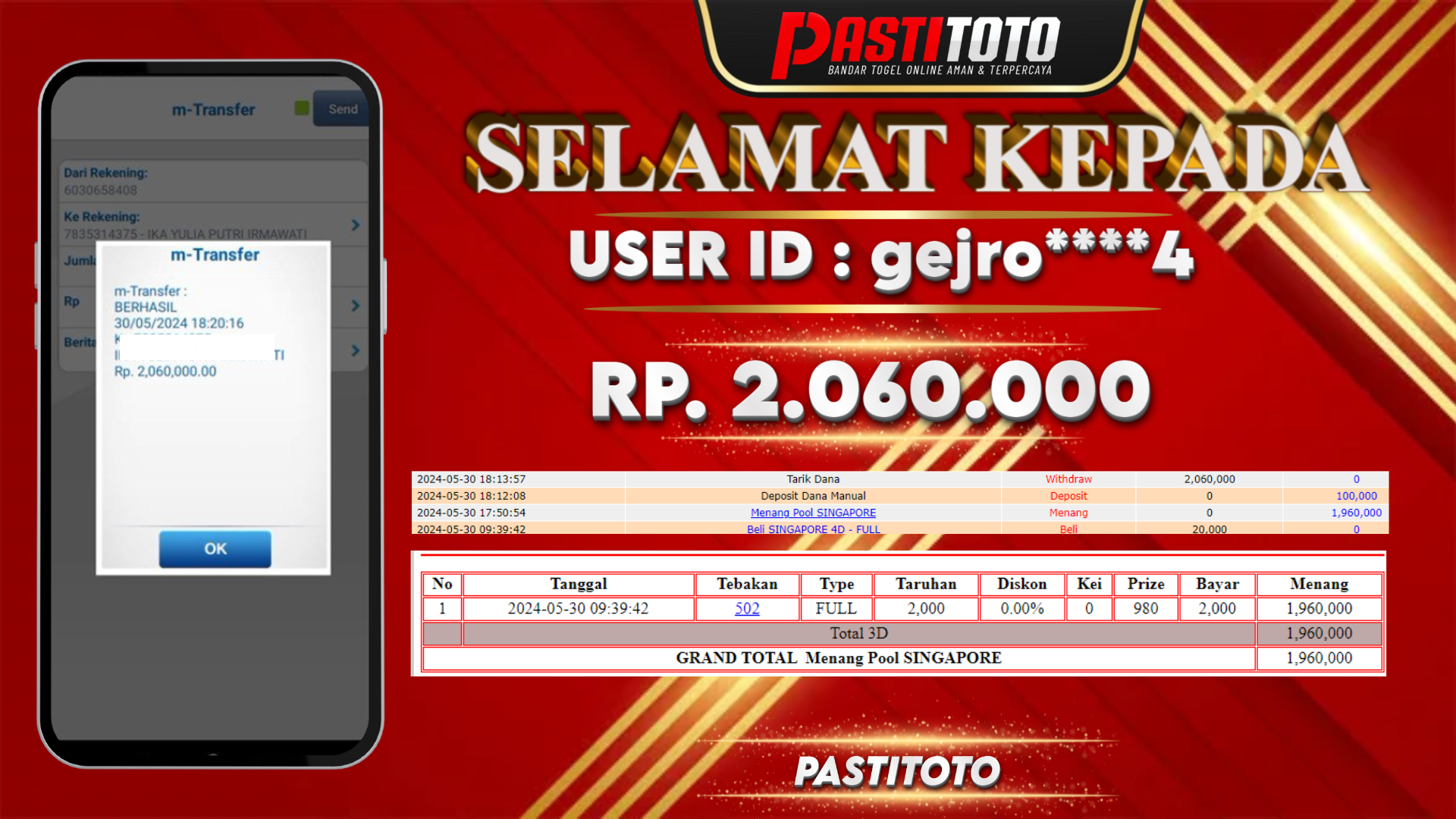 PASTITOTO JACKPOT TOGEL SINGAPORE + HADIAH LOMBA TOGEL RP. 2.060.000,- LUNAS