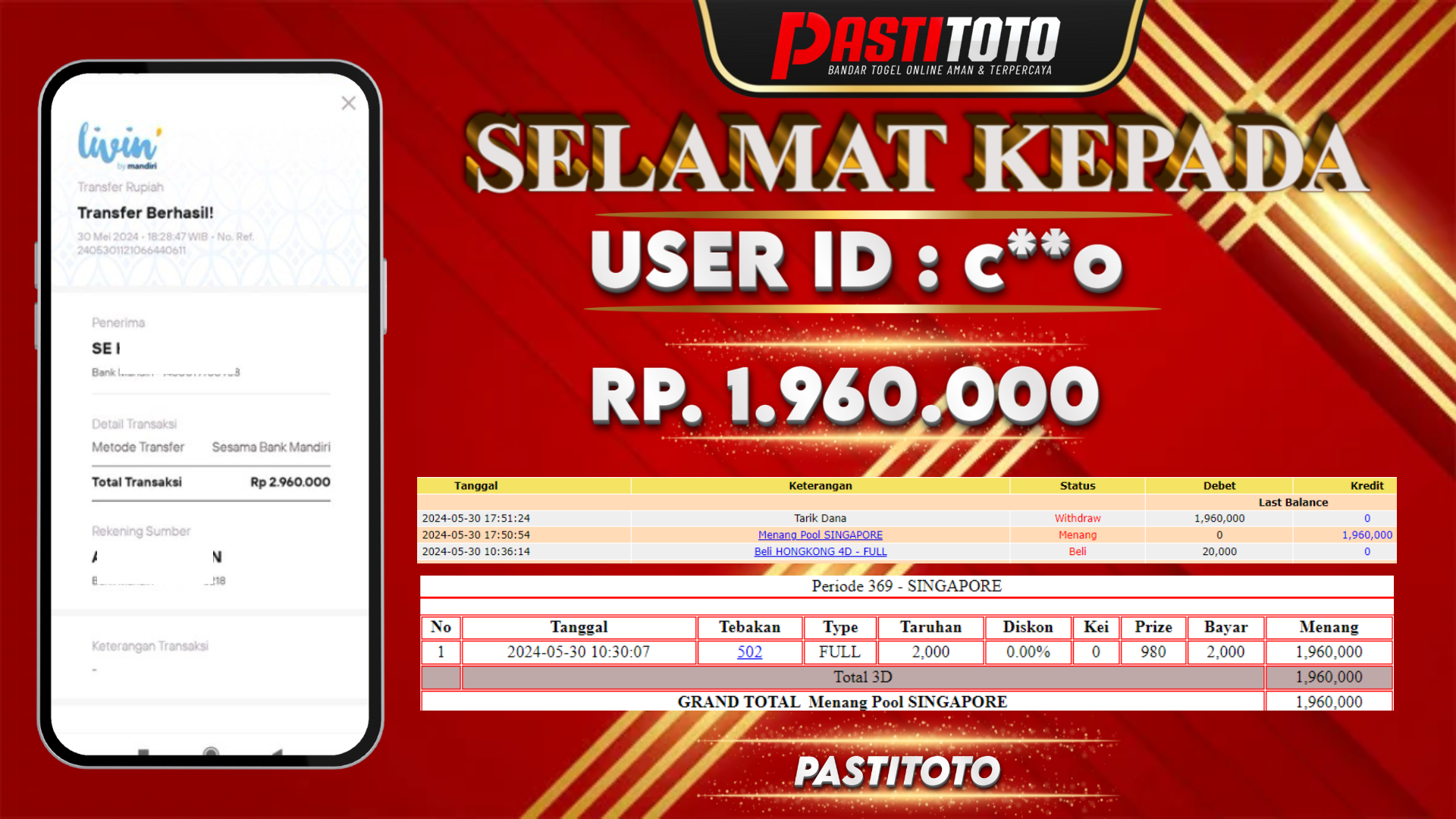 PASTITOTO JACKPOT TOGEL SINGAPORE RP. 1.960.000,- LUNAS
