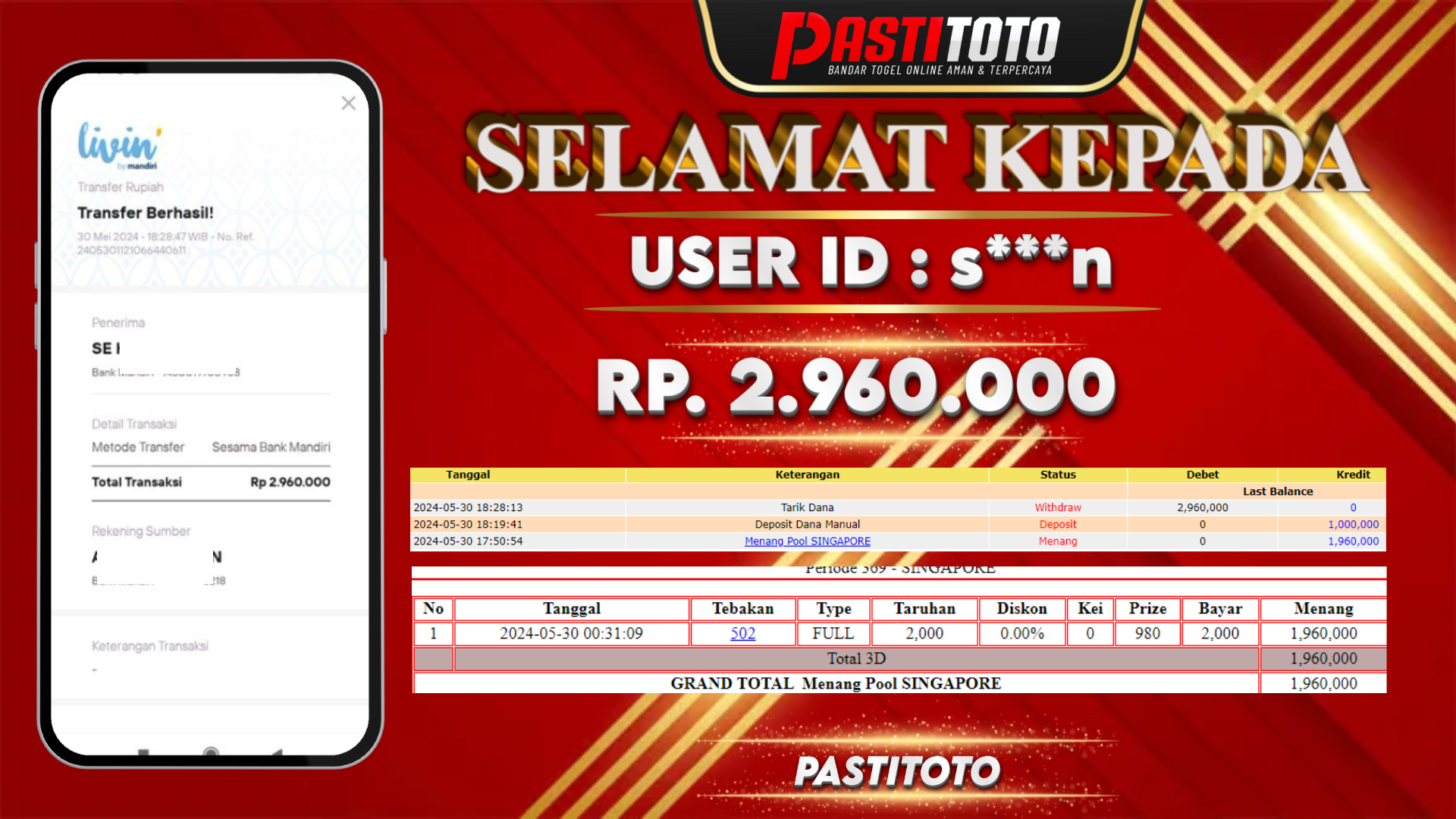 PASTITOTO JACKPOT TOGEL SINGAPORE + HADIAH LOMBA TOGEL RP. 2.960.000,- LUNAS