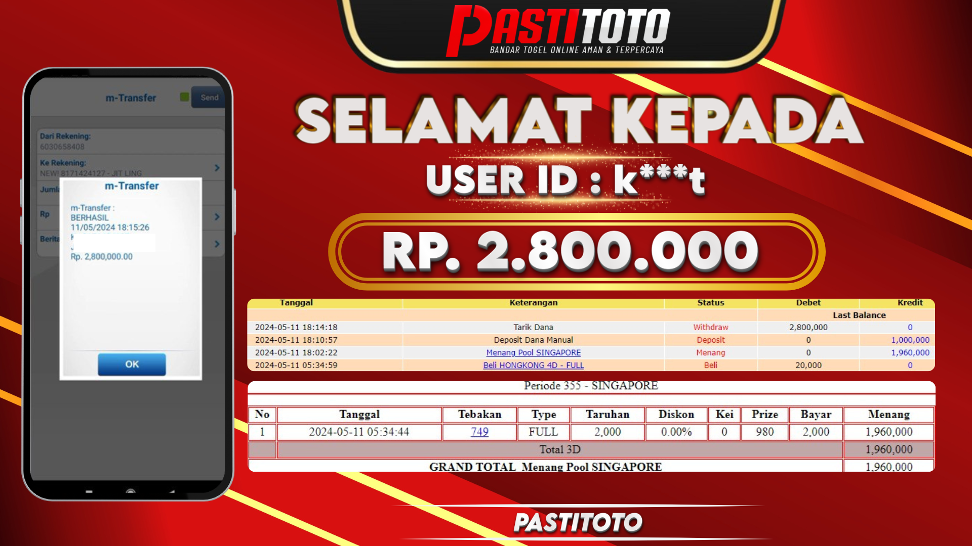 PASTITOTO JACKPOT TOGEL SINGAPORE RP. 2.800.000,- LUNAS