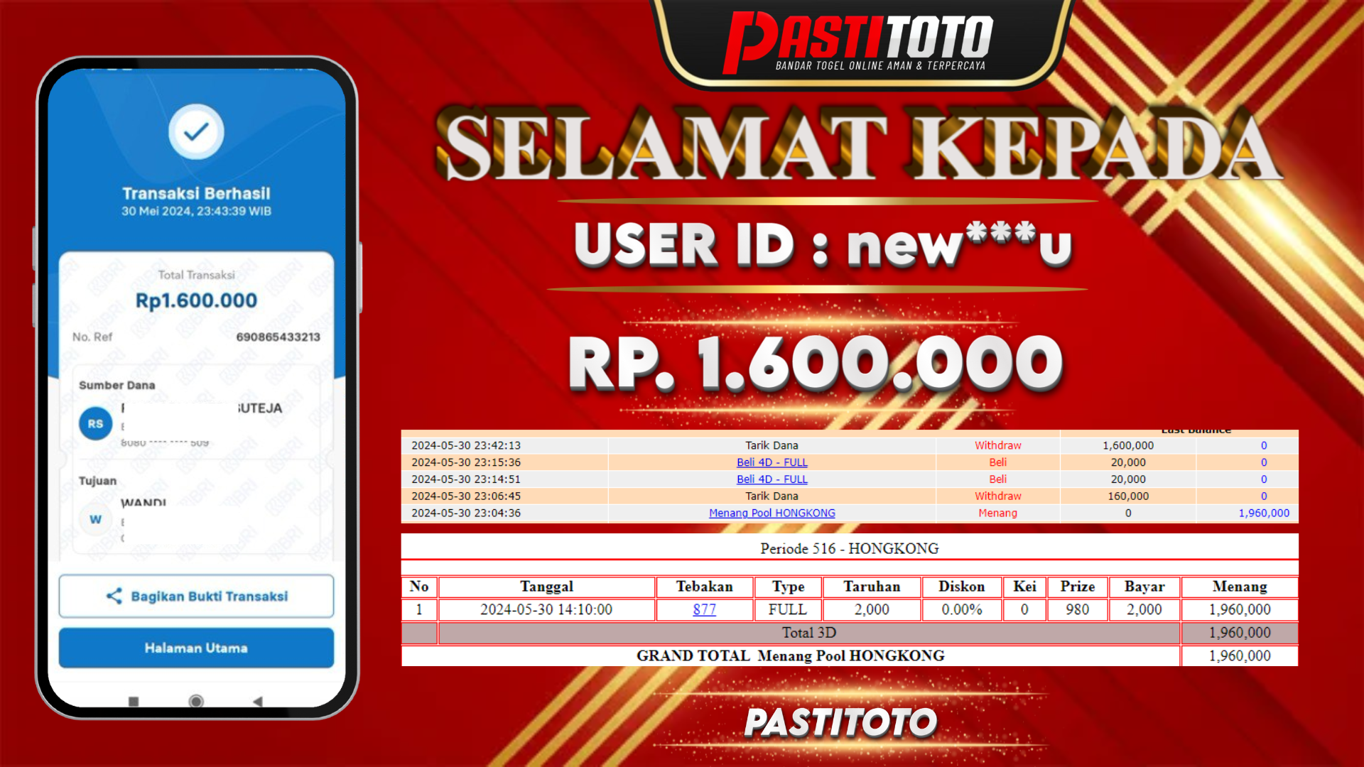 PASTITOTO JACKPOT TOGEL HONGKONG RP. 1.600.000,- LUNAS