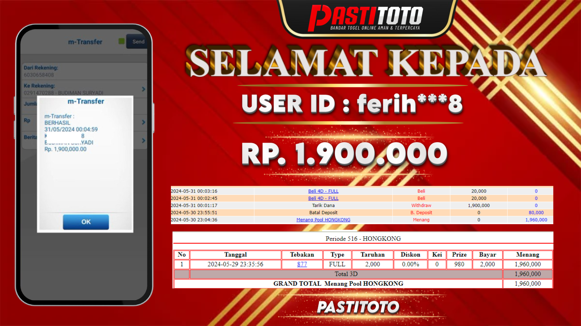 PASTITOTO JACKPOT TOGEL HONGKONG RP. 1.900.000,- LUNAS