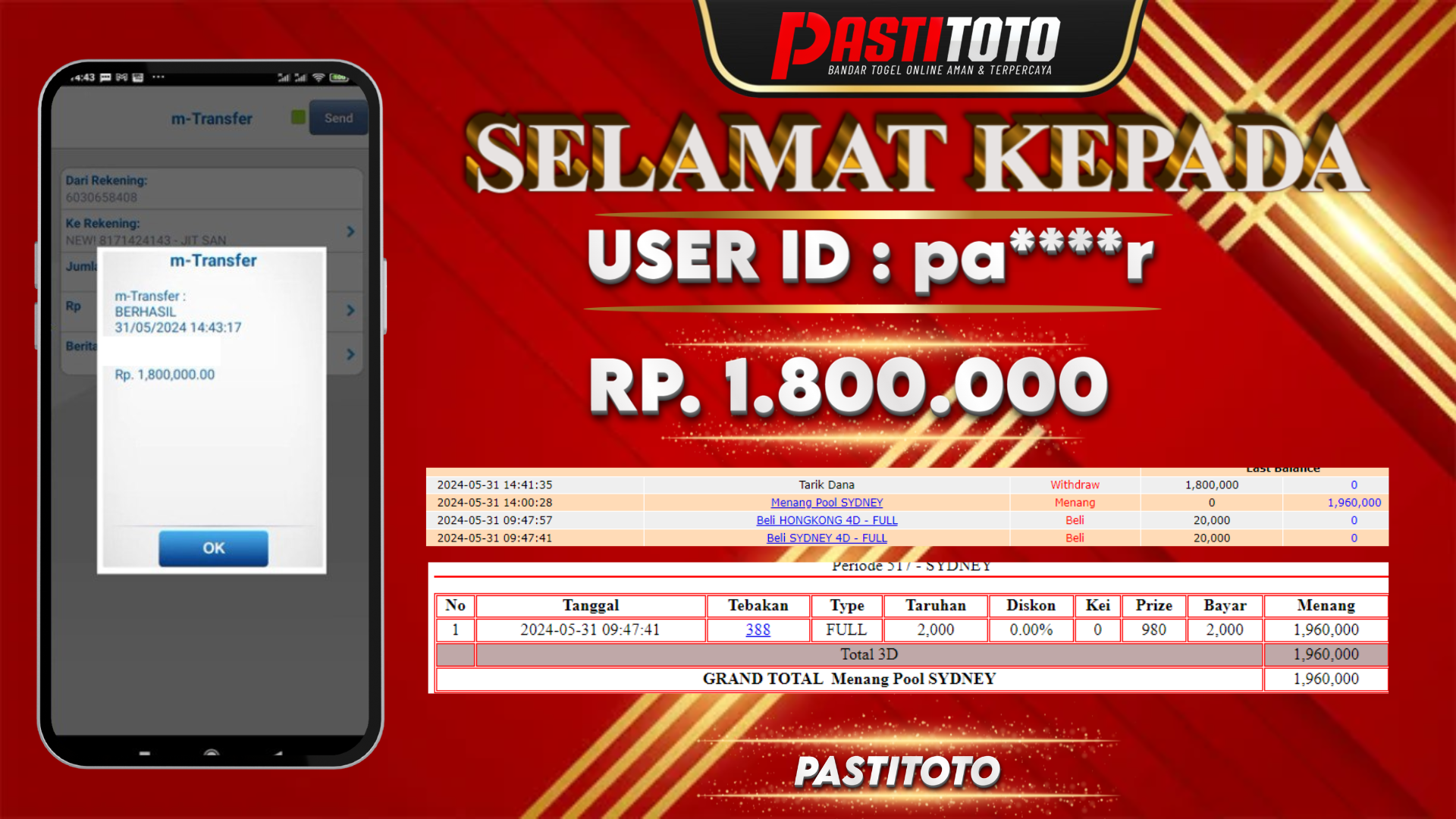 PASTITOTO JACKPOT TOGEL SYDNEY RP. 1.800.000,- LUNAS
