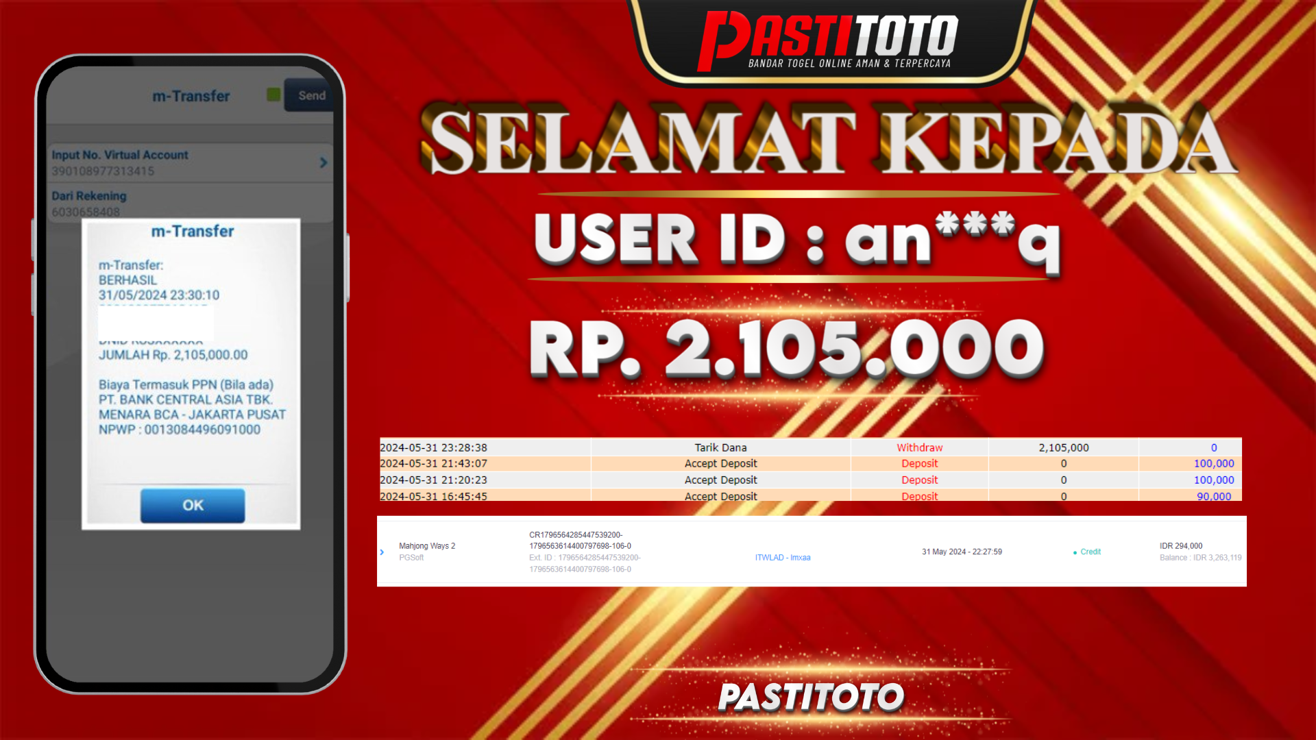 PASTITOTO JACKPOT SLOT GAME RP. 2.105.000,- LUNAS
