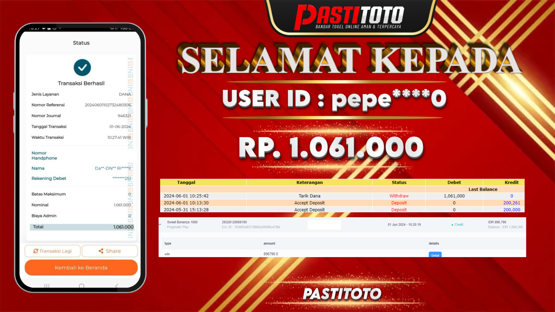 PASTITOTO JACKPOT SLOT GAME RP. 1.061.000,- LUNAS
