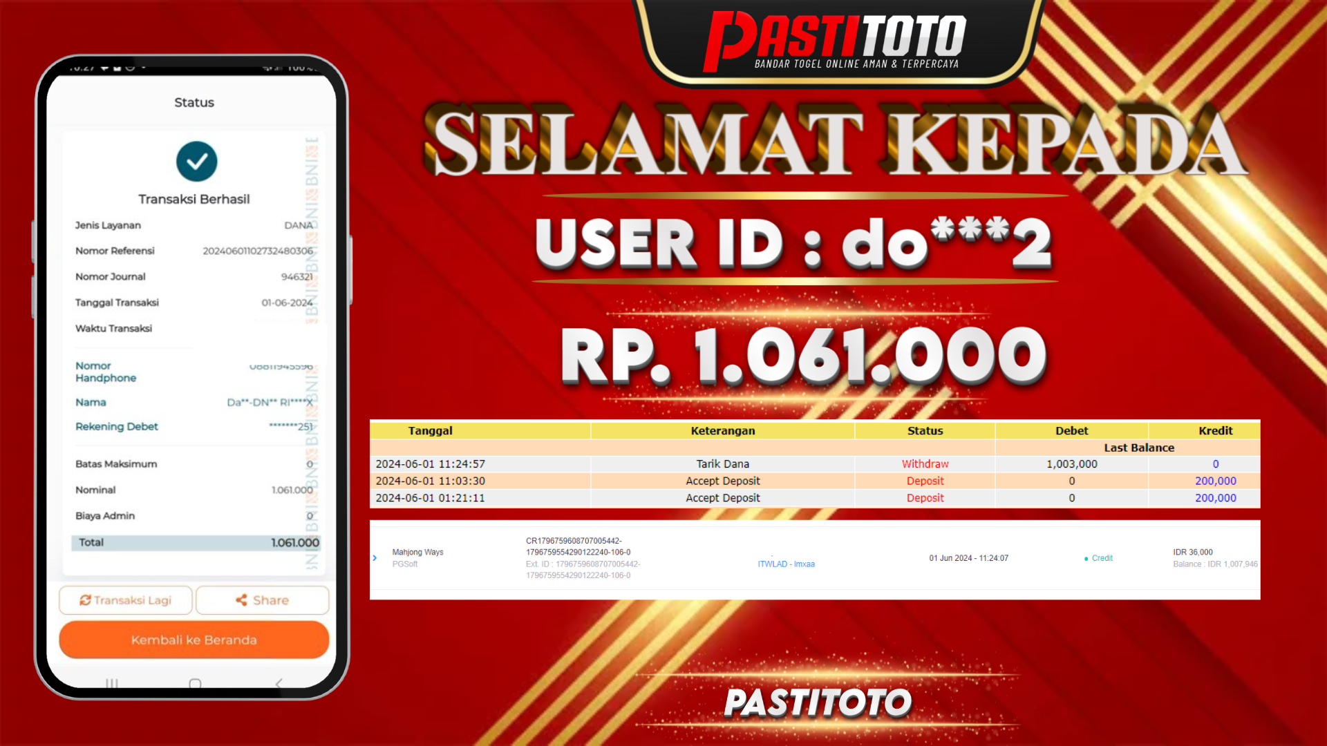 PASTITOTO JACKPOT SLOT GAME RP. 1.061.000,- LUNAS