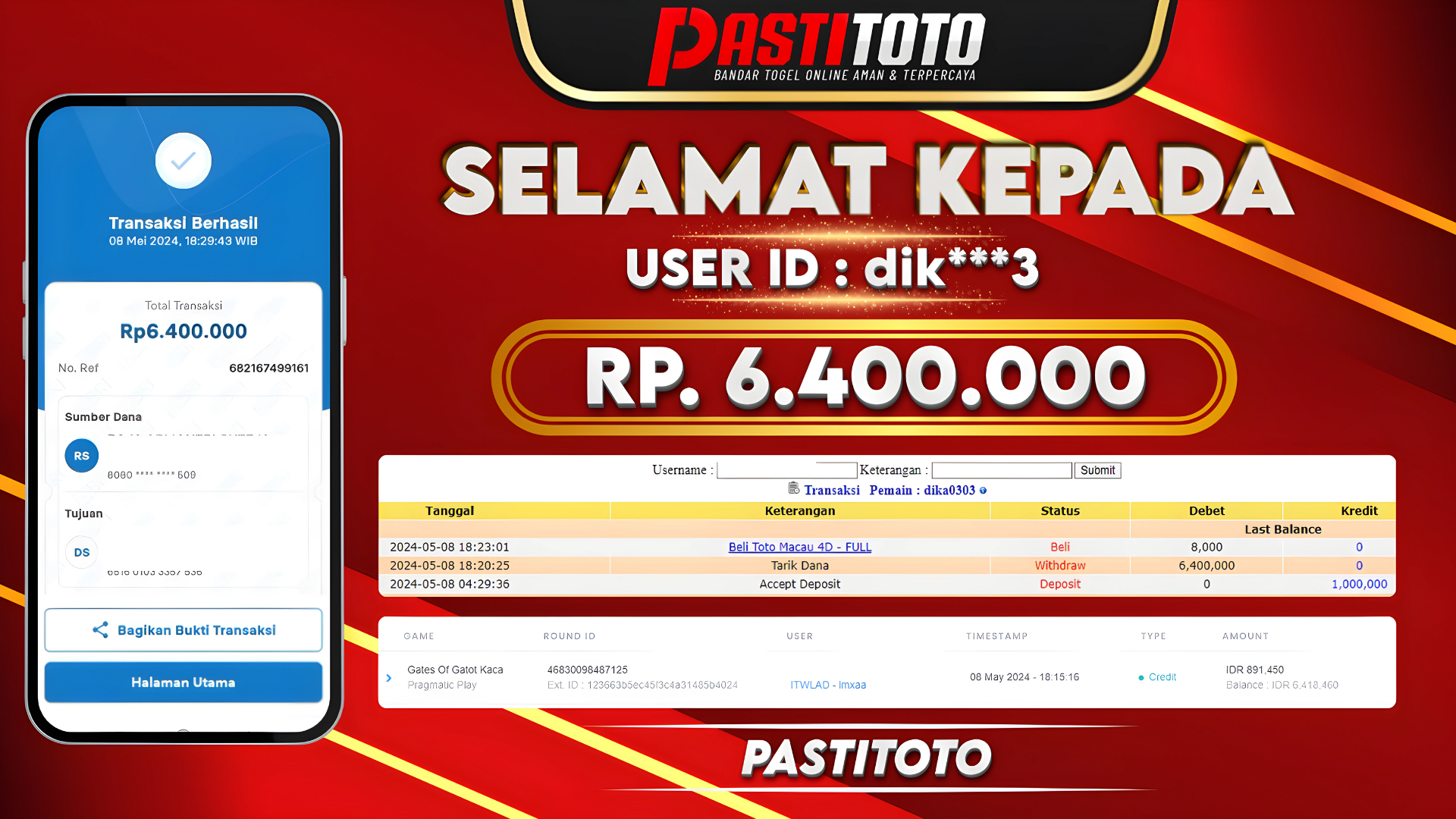 PASTITOTO JACKPOT SLOT GAME RP. 6.400.000,- LUNAS