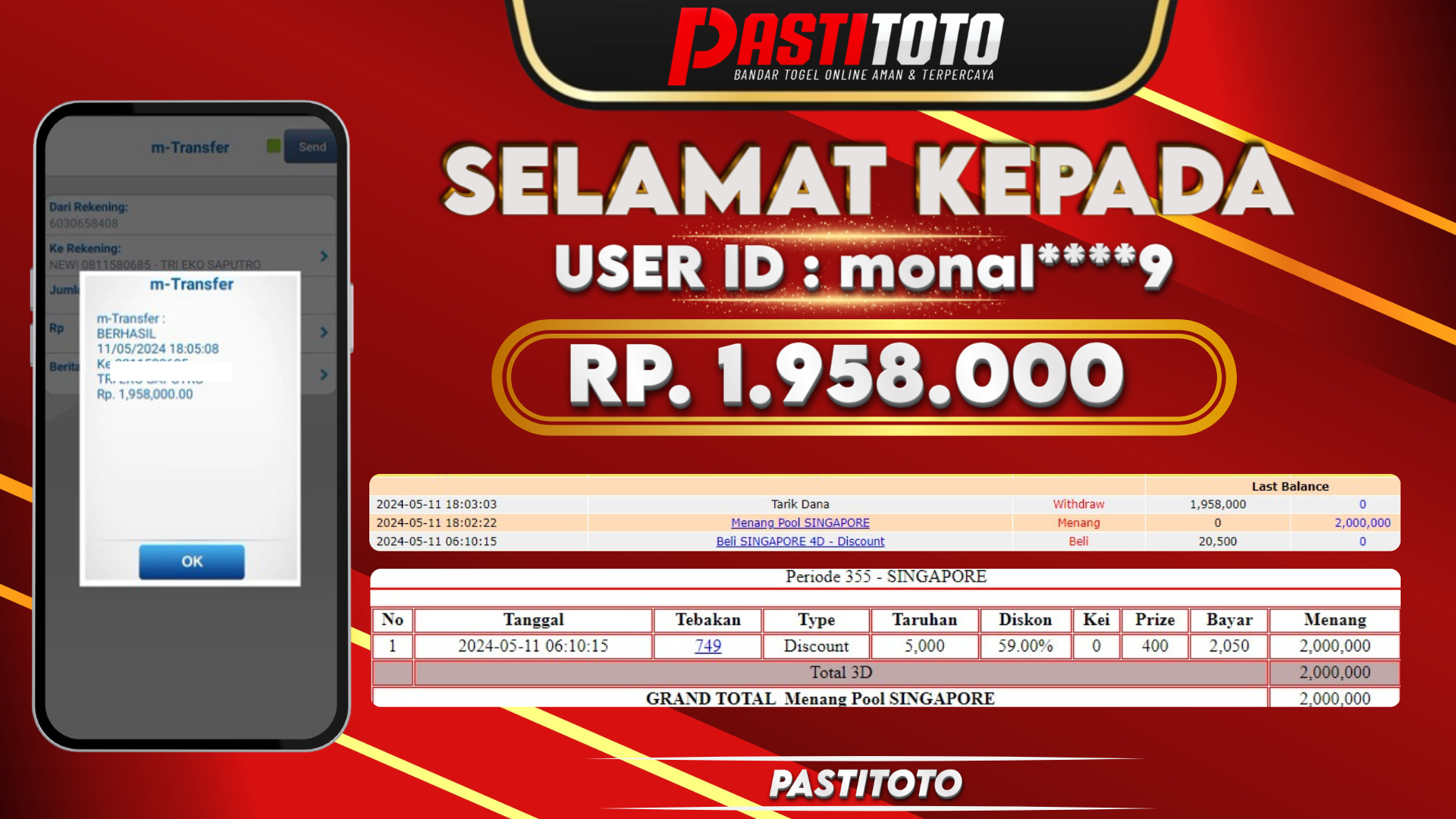 PASTITOTO JACKPOT TOGEL SINGAPORE RP. 1.958.000,- LUNAS