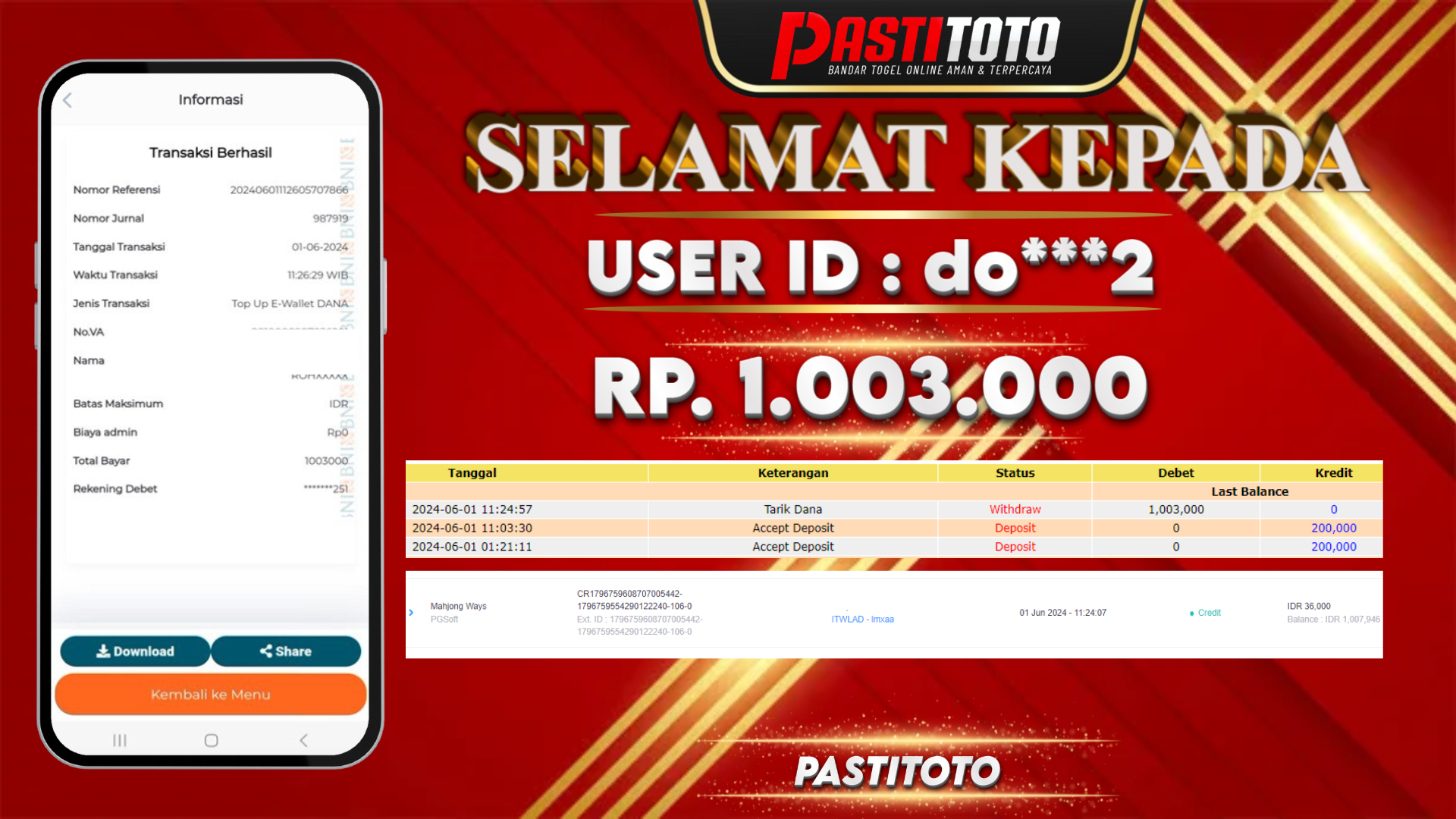 PASTITOTO JACKPOT SLOT GAME RP. 1.003.000,- LUNAS