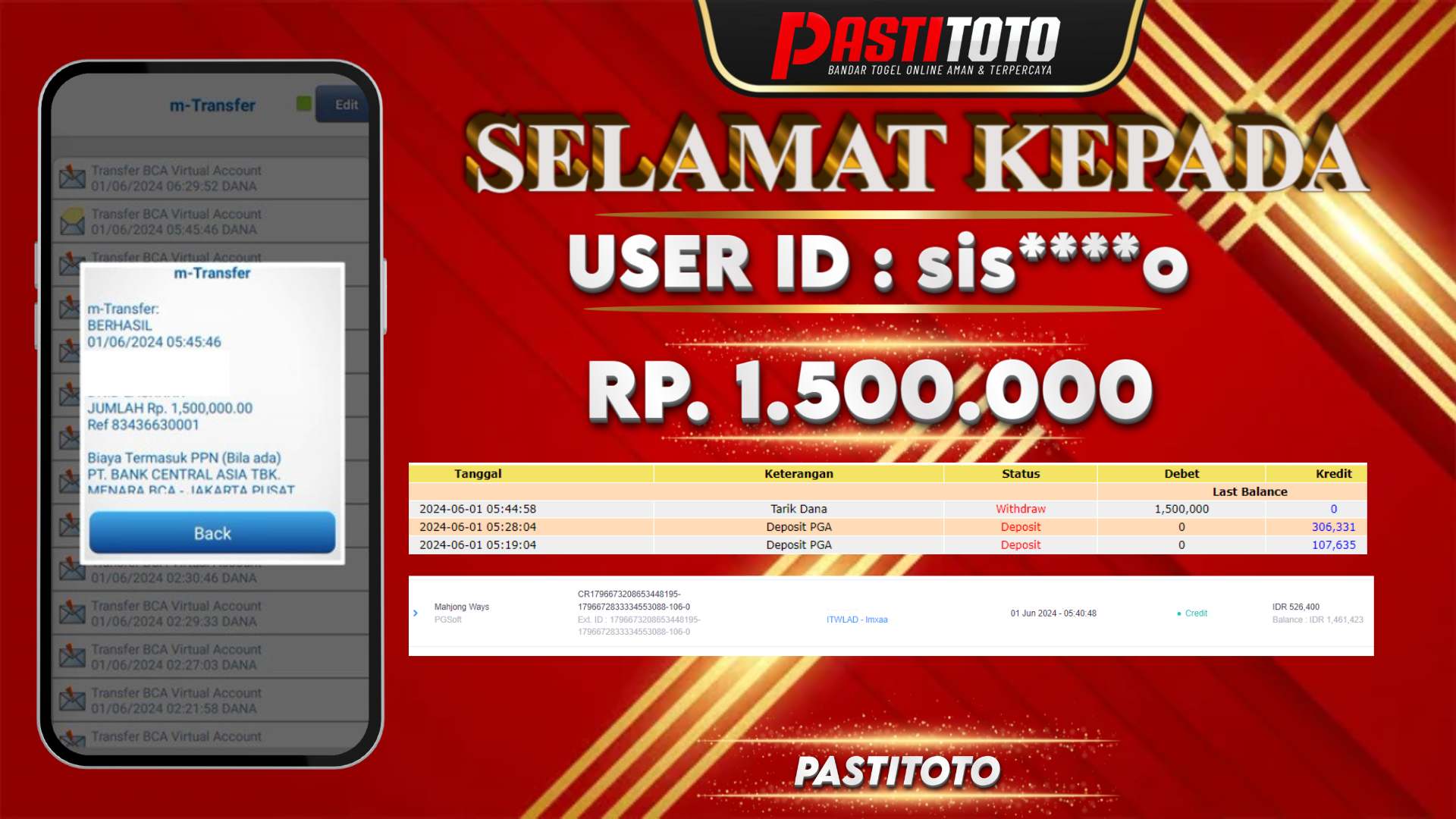 PASTITOTO JACKPOT SLOT GAME RP. 1.500.000,- LUNAS