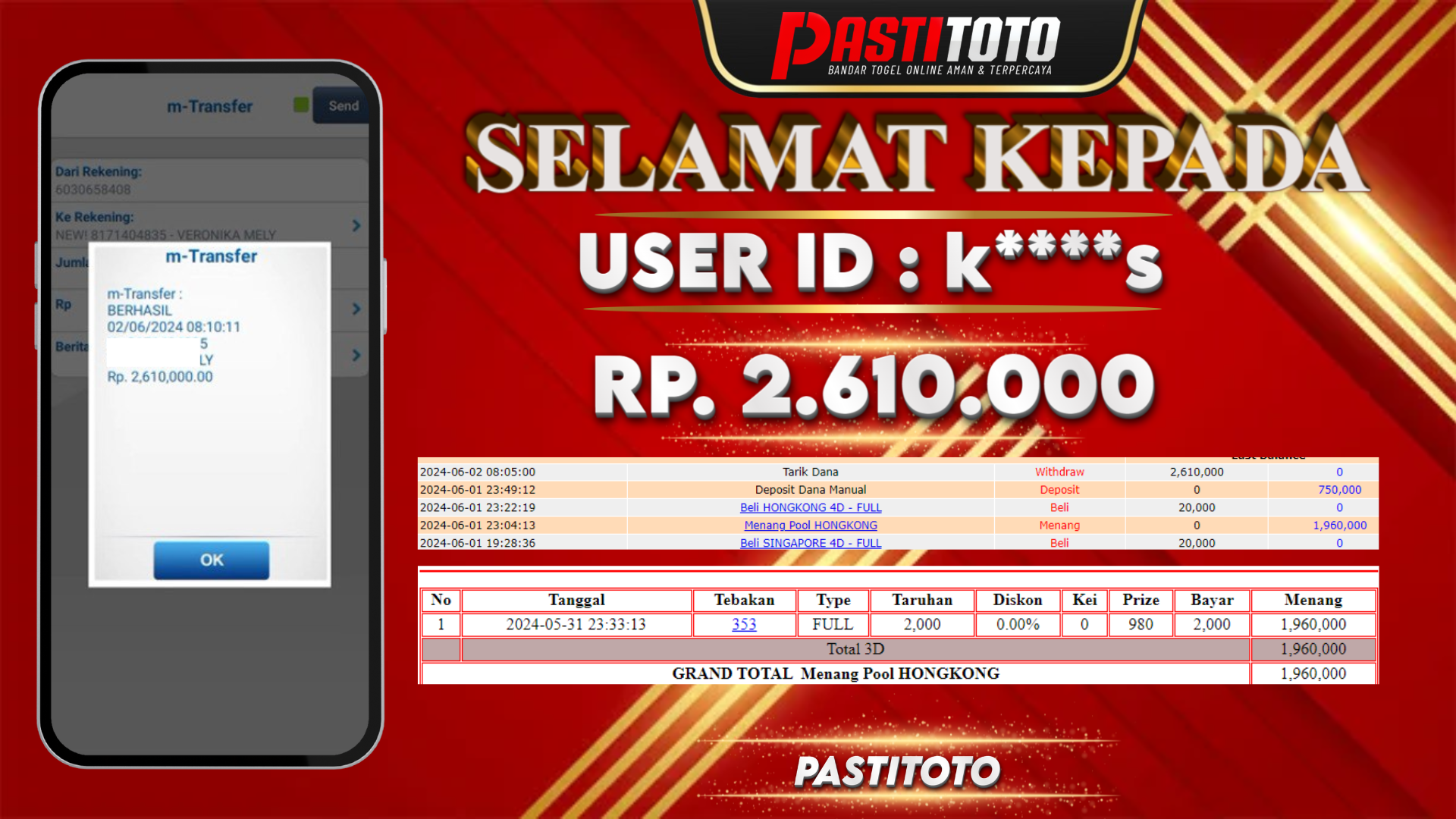PASTITOTO JACKPOT TOGEL HONGKONG + HADIAH LOMBA TOGEL RP. 2.610.000,- LUNAS