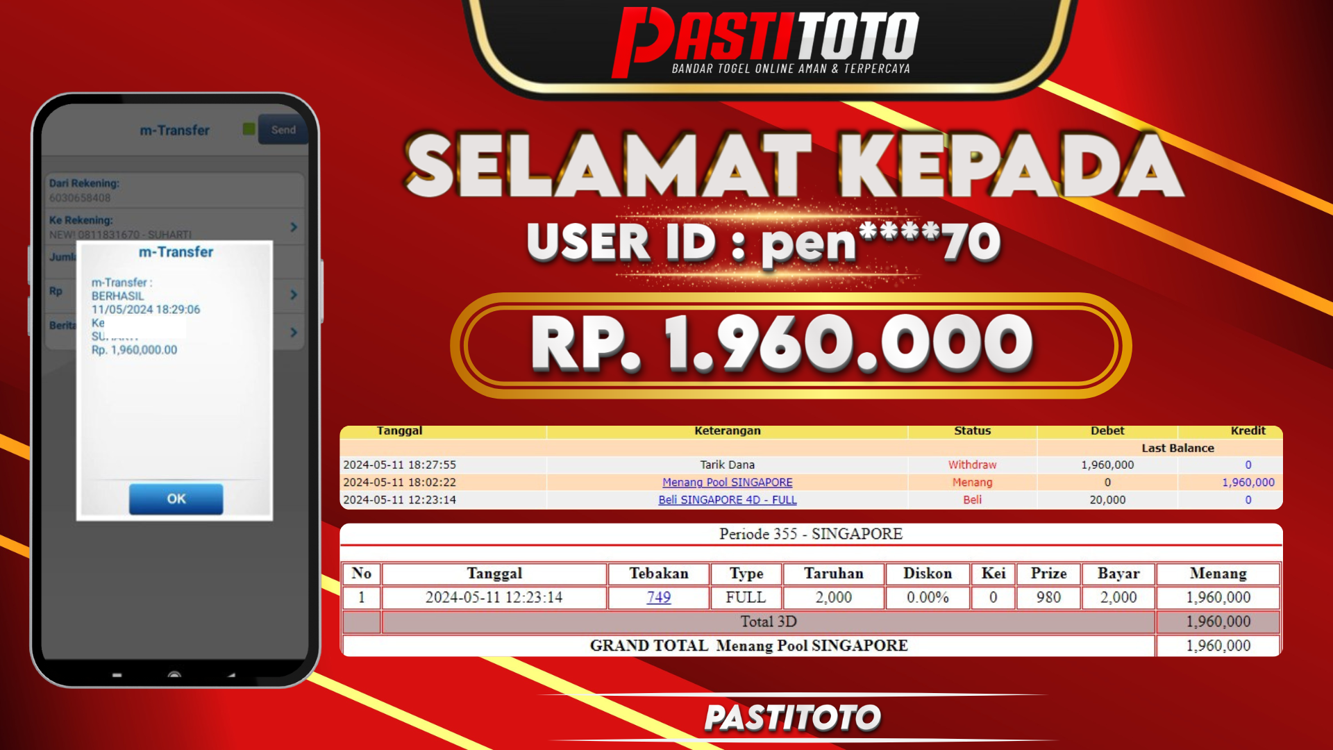 PASTITOTO JACKPOT TOGEL SINGAPORE RP. 1.960.000,- LUNAS