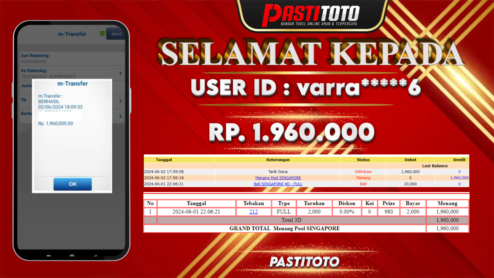 PASTITOTO JACKPOT TOGEL SINGAPORE RP. 1.960.000,- LUNAS