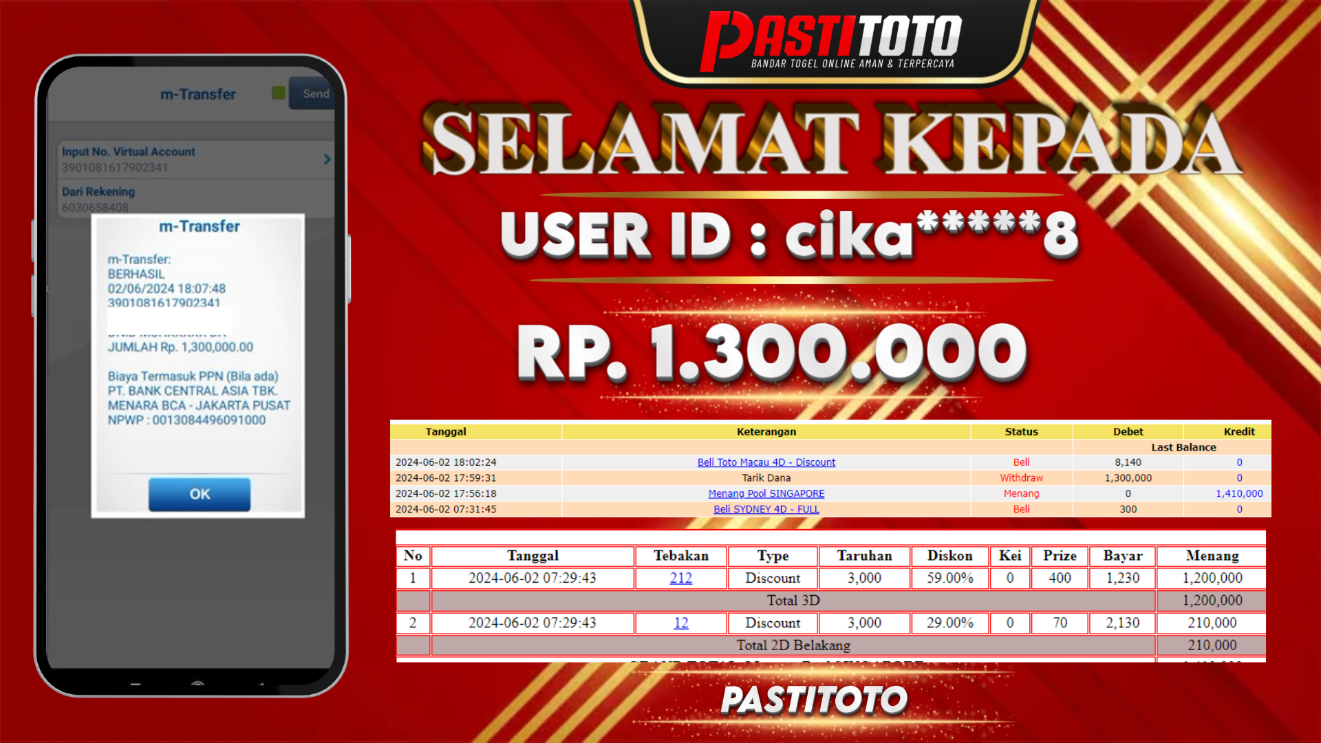 PASTITOTO JACKPOT TOGEL SINGAPORE RP. 1.300.000,- LUNAS