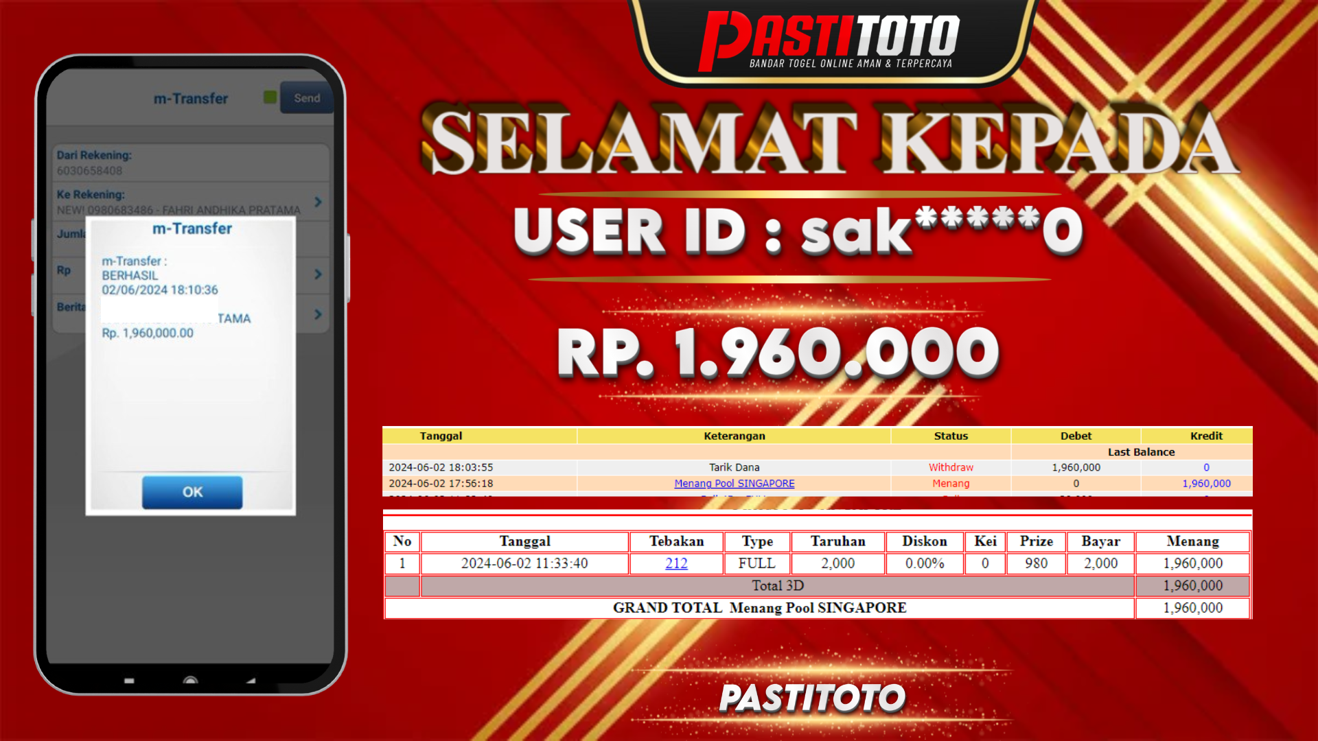PASTITOTO JACKPOT TOGEL SINGAPORE RP. 1.960.000,- LUNAS
