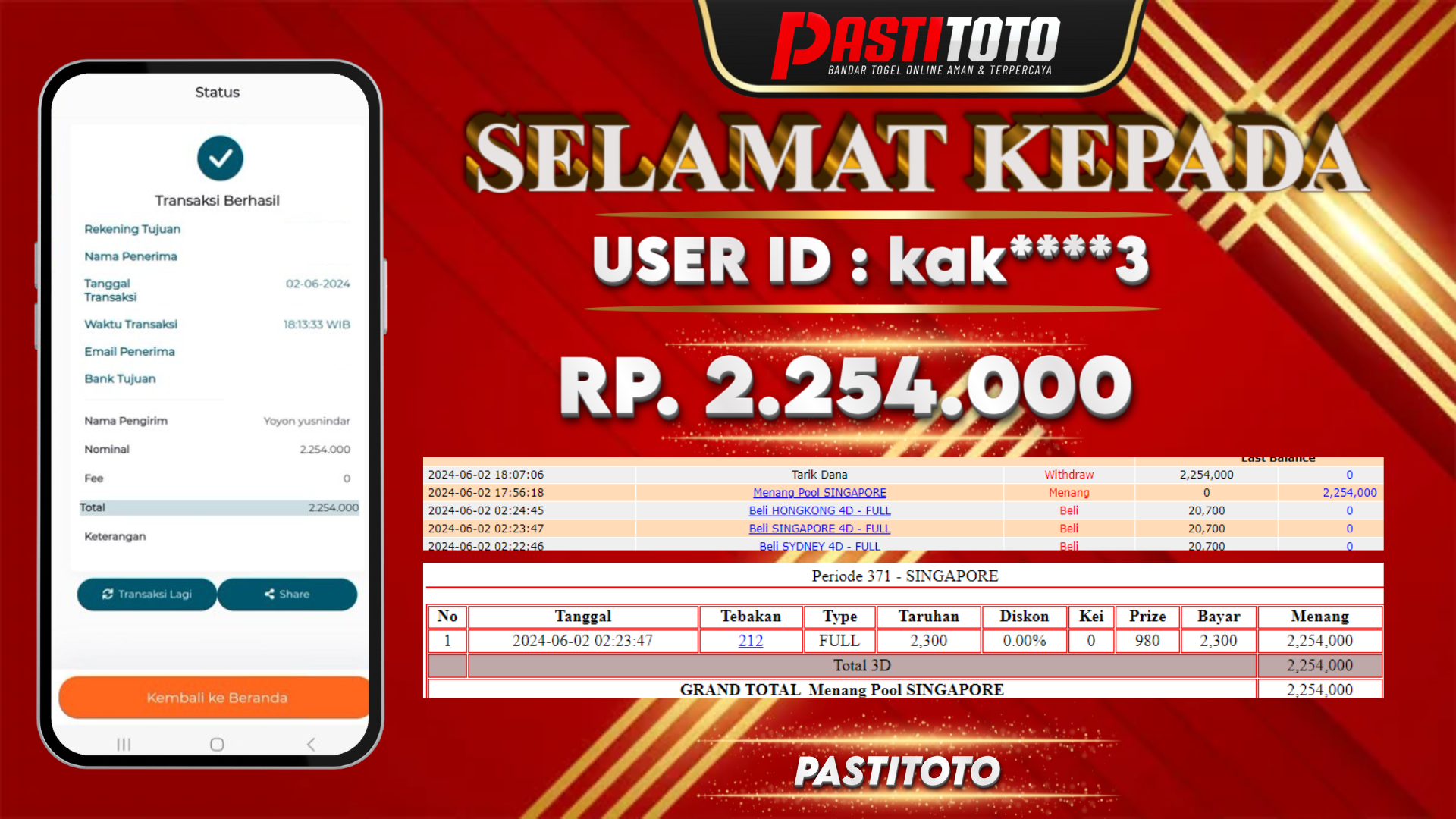 PASTITOTO JACKPOT TOGEL SINGAPORE RP. 2.254.000,- LUNAS