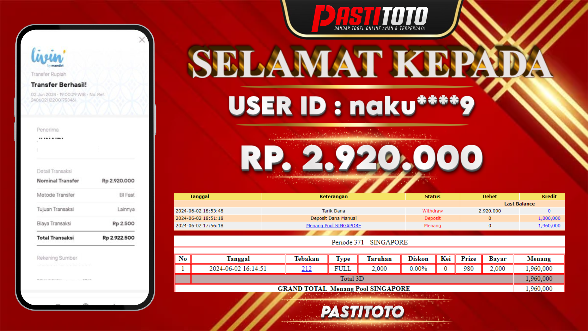 PASTITOTO JACKPOT TOGEL SINGAPORE + HADIAH LOMBA TOGEL RP. 2.920.000,- LUNAS
