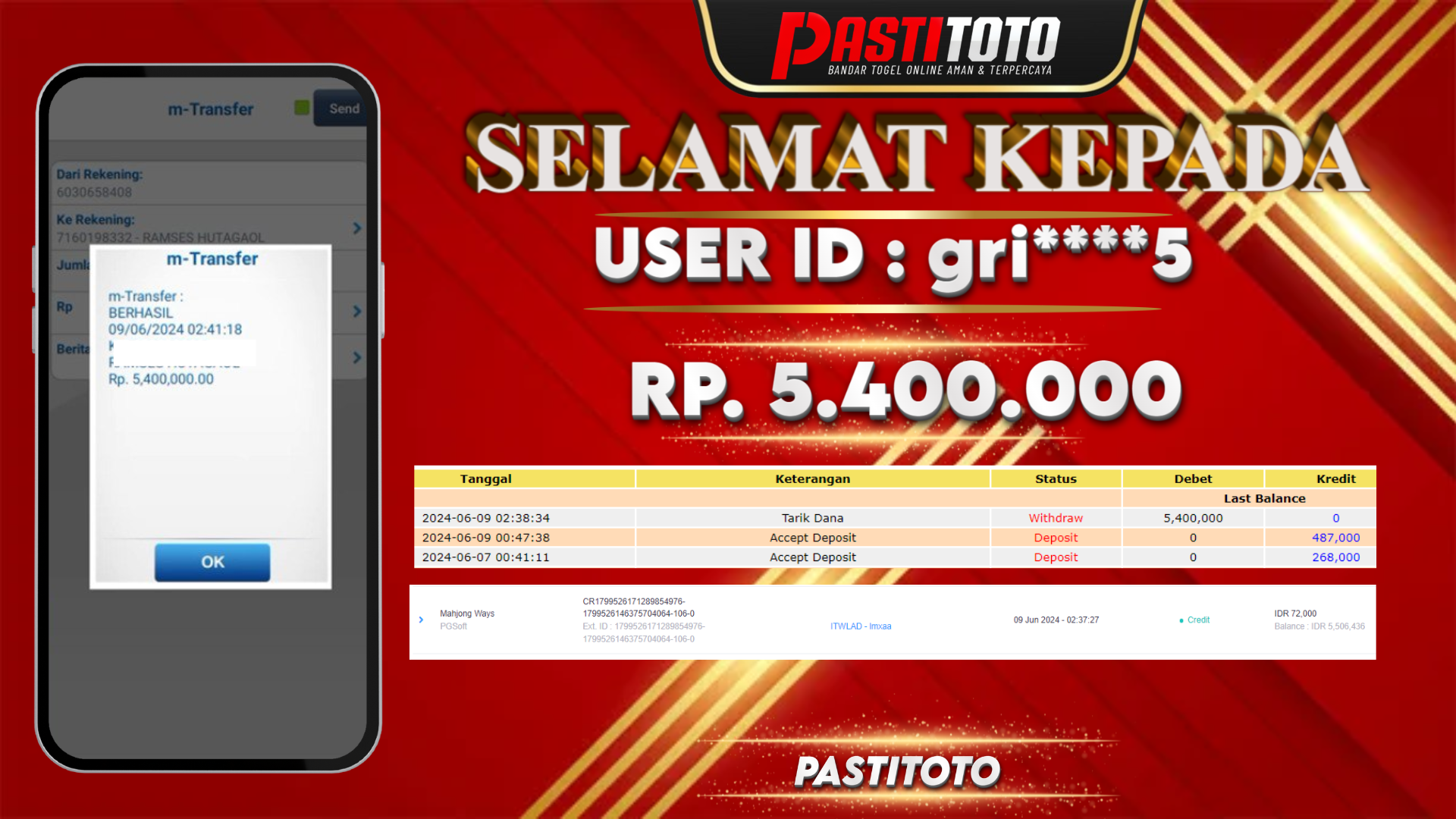 PASTITOTO JACKPOT SLOT GAME RP. 5.400.000,- LUNAS