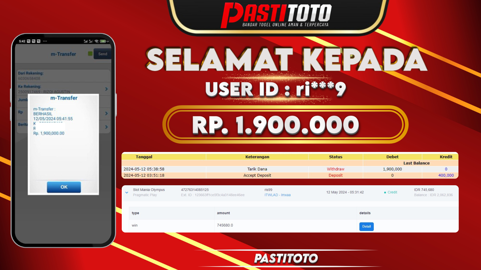 PASTITOTO JACKPOT SLOT GAME RP. 1.900.000,- LUNAS