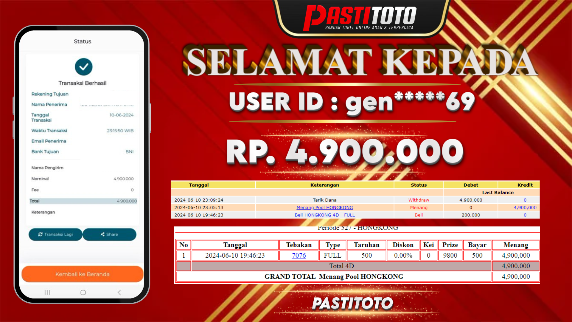PASTITOTO JACKPOT TOGEL HONGKONG RP. 4.900.000,- LUNAS