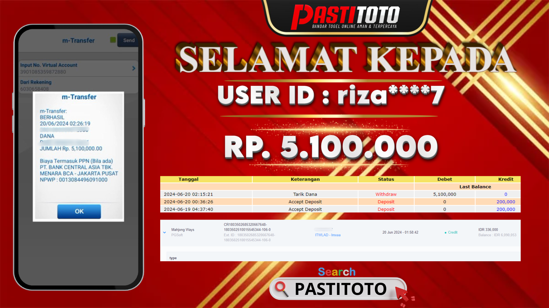 PASTITOTO JACKPOT SLOT GAME RP. 5.100.000,- LUNAS