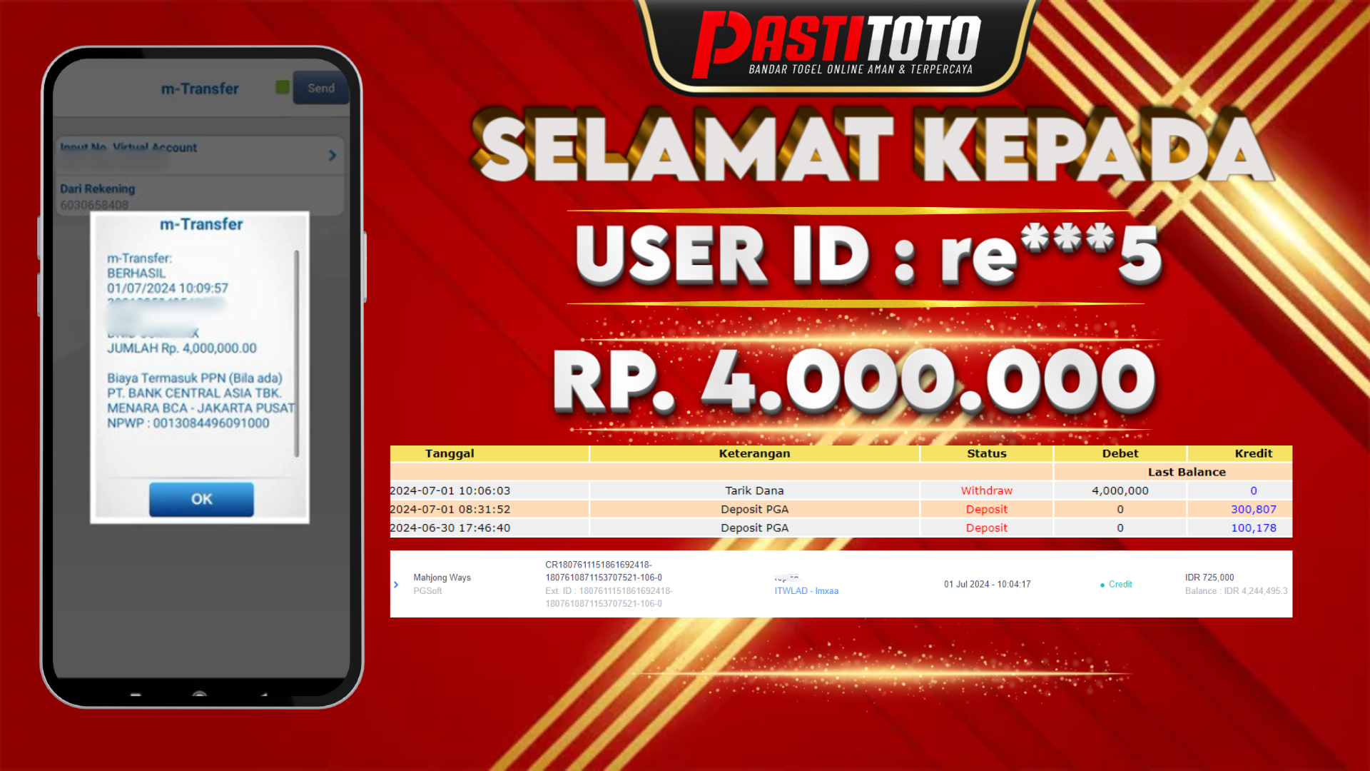 PASTITOTO JACKPOT SLOT GAME RP. 4.000.000,- LUNAS