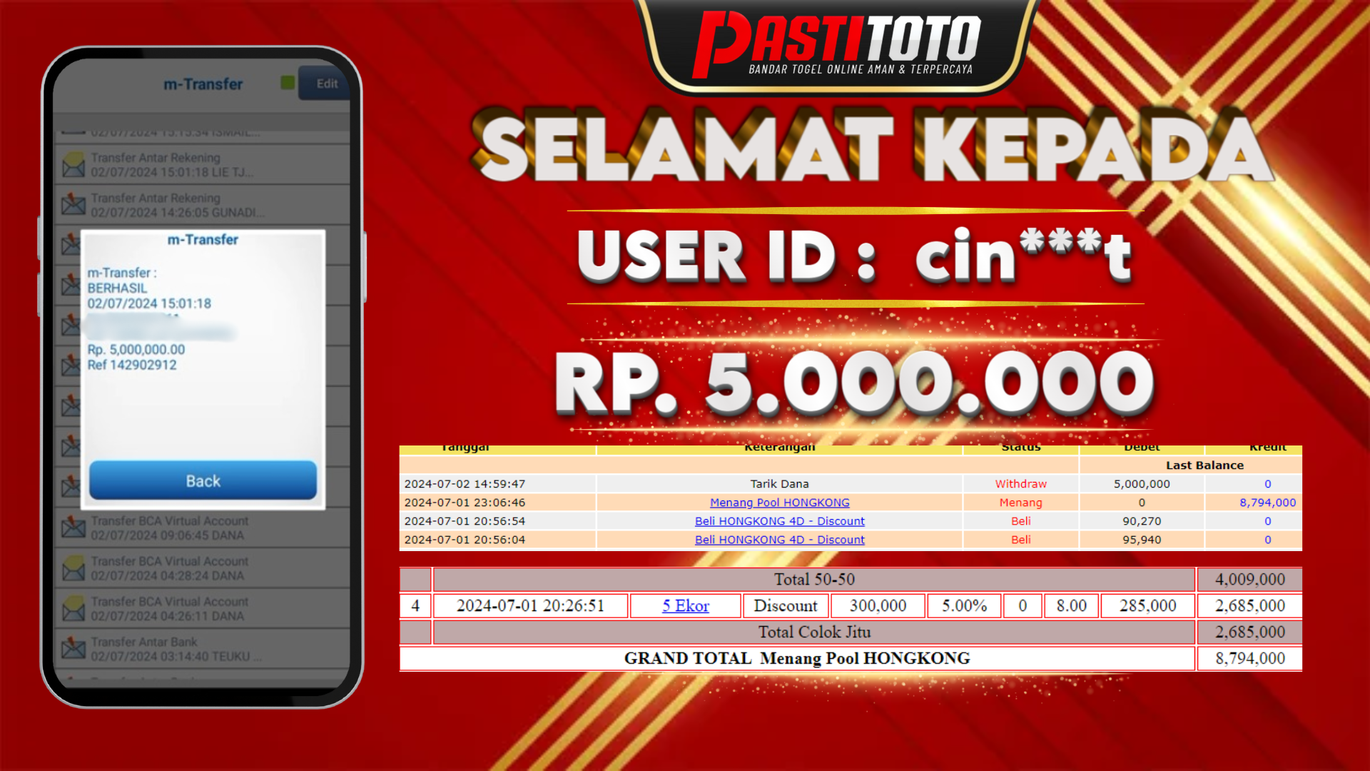 PASTITOTO JACKPOT TOGEL HONGKONG RP. 5.000.000,- LUNAS