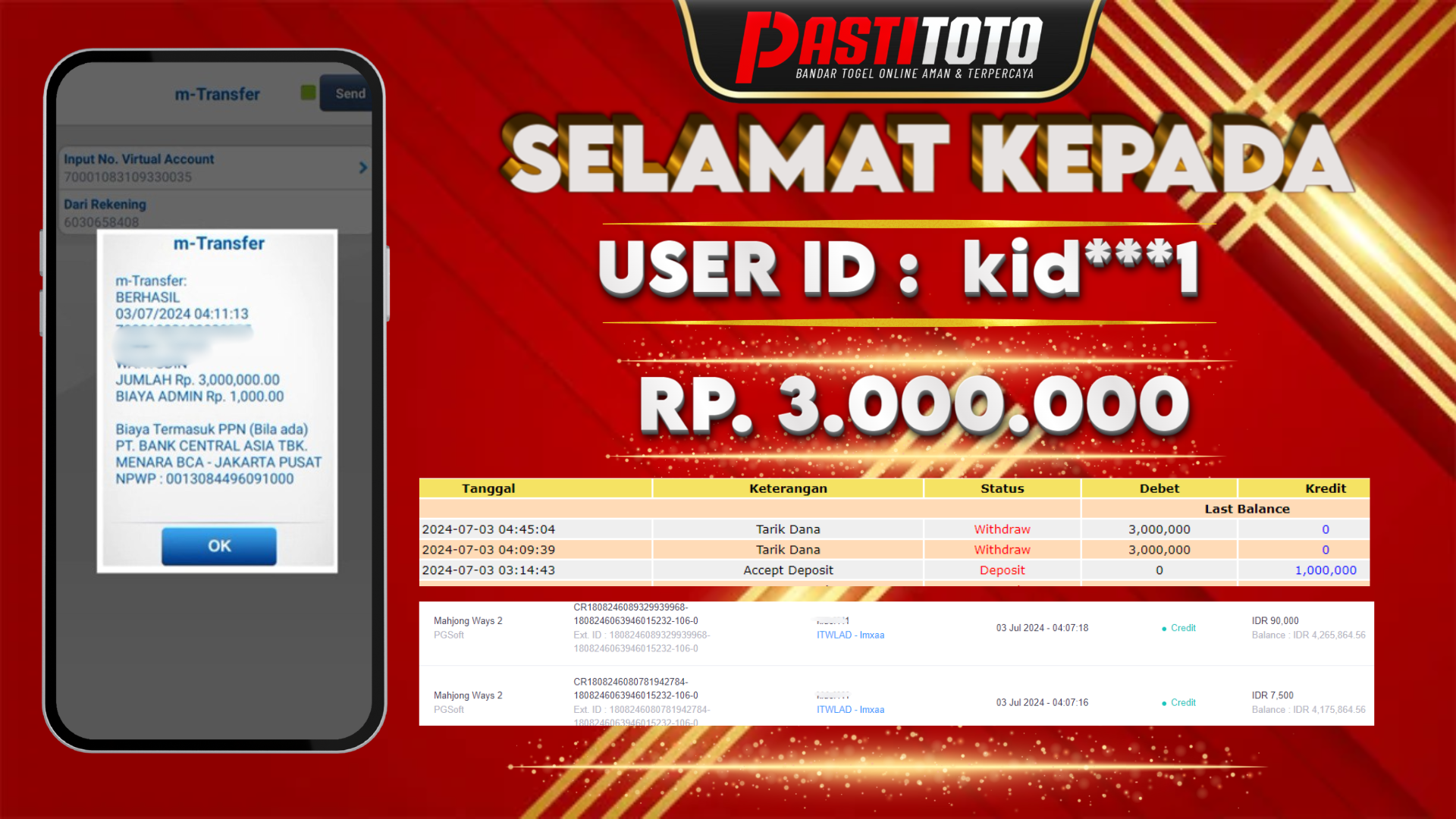 PASTITOTO JACKPOT SLOT GAME RP. 3.000.000,- LUNAS