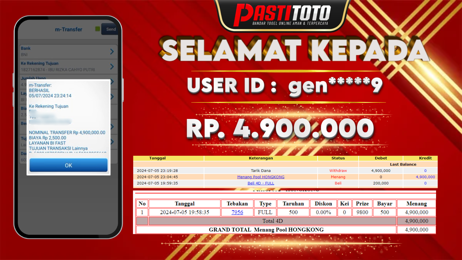PASTITOTO JACKPOT TOGEL HONGKONG RP. 4.900.000,- LUNAS