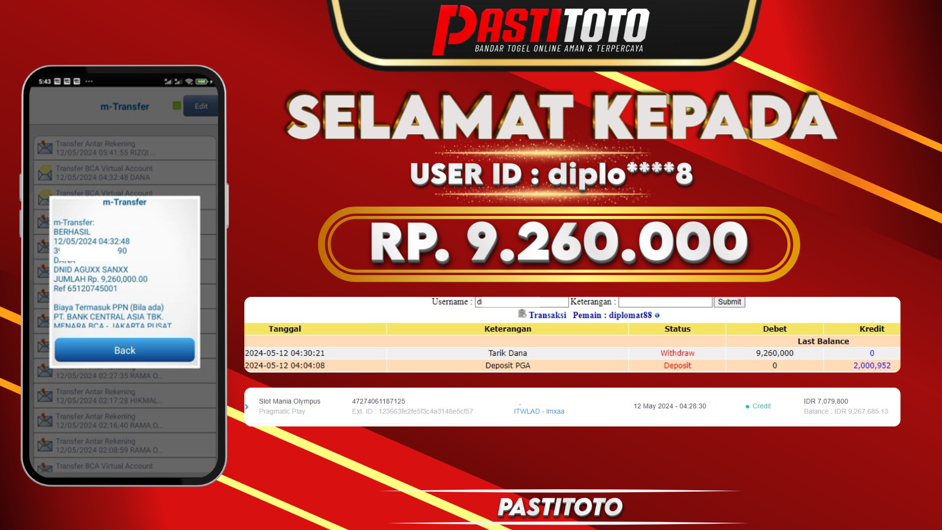 PASTITOTO JACKPOT SLOT GAME RP. 9.260.000,- LUNAS