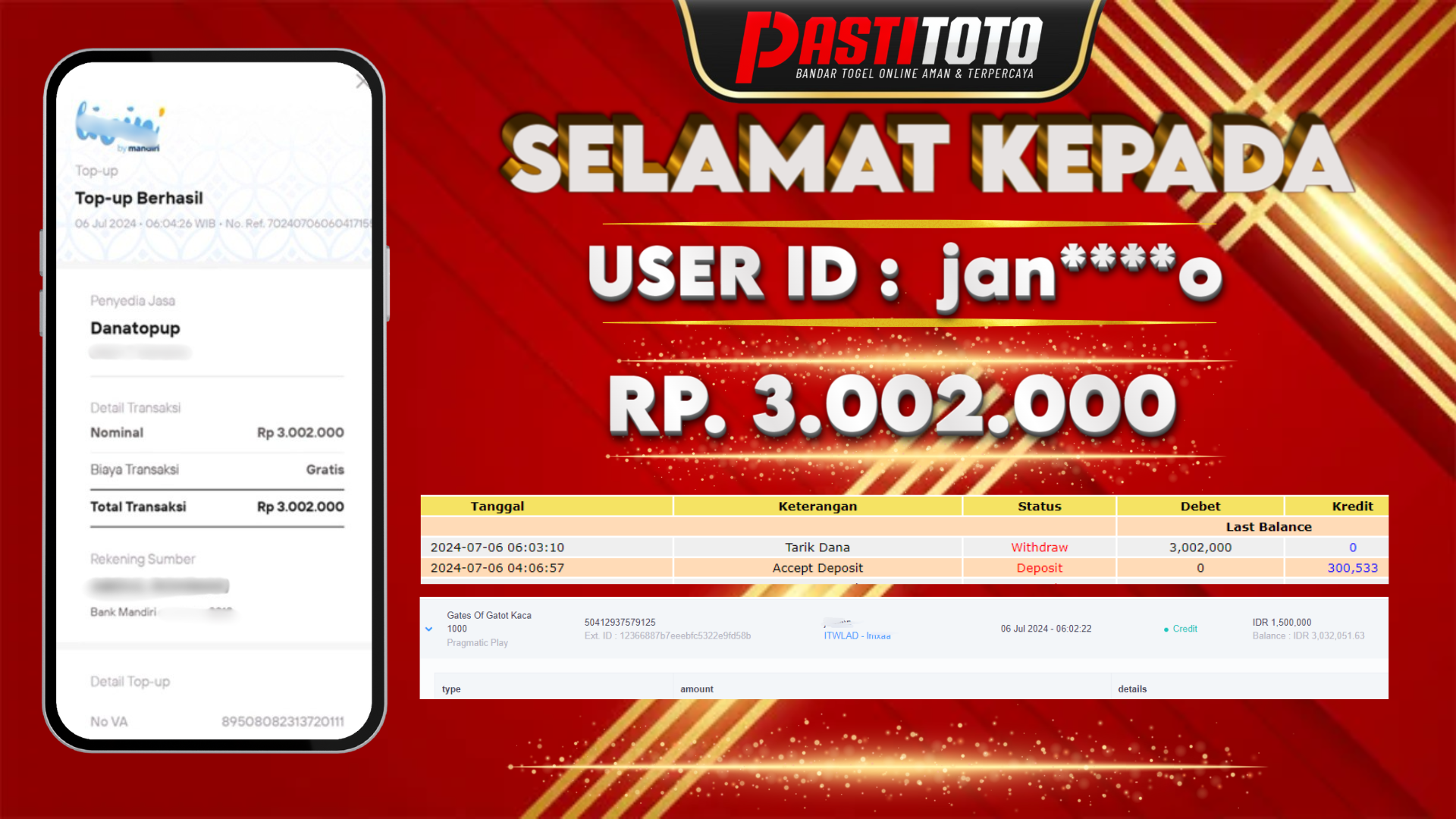 PASTITOTO JACKPOT SLOT GAME RP. 3.002.000,- LUNAS