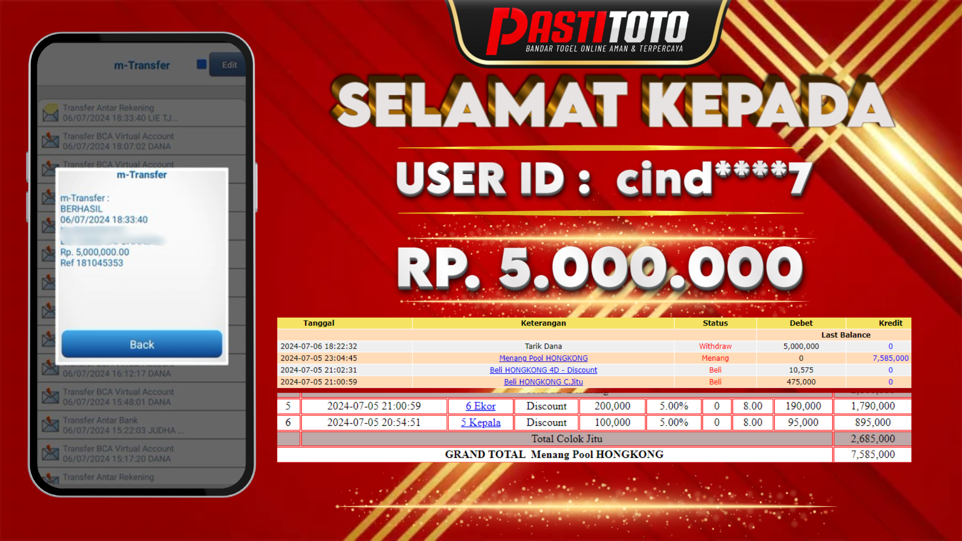 PASTITOTO JACKPOT TOGEL HONGKONG RP. 5.000.000,- LUNAS