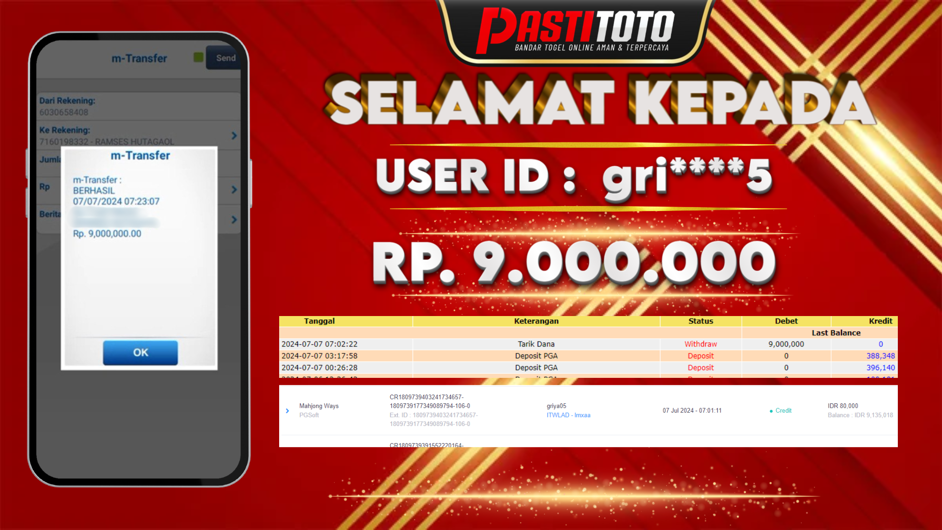 PASTITOTO JACKPOT SLOT GAME RP. 9.000.000,- LUNAS